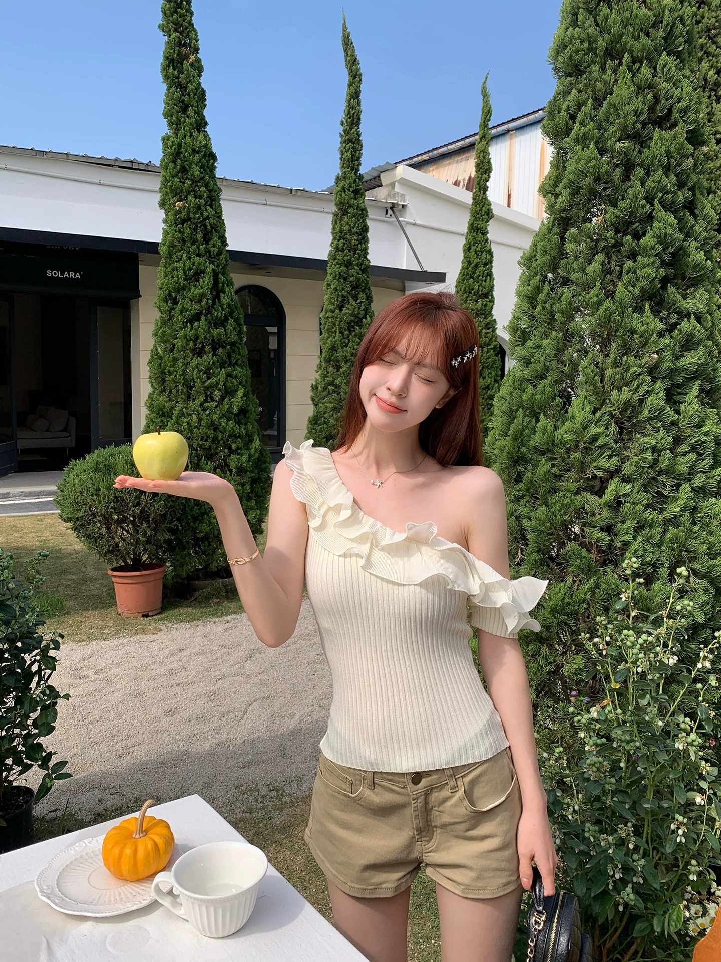 morning bloom韓系粉色荷葉邊針織短袖女夏季純欲風斜肩百搭上衣