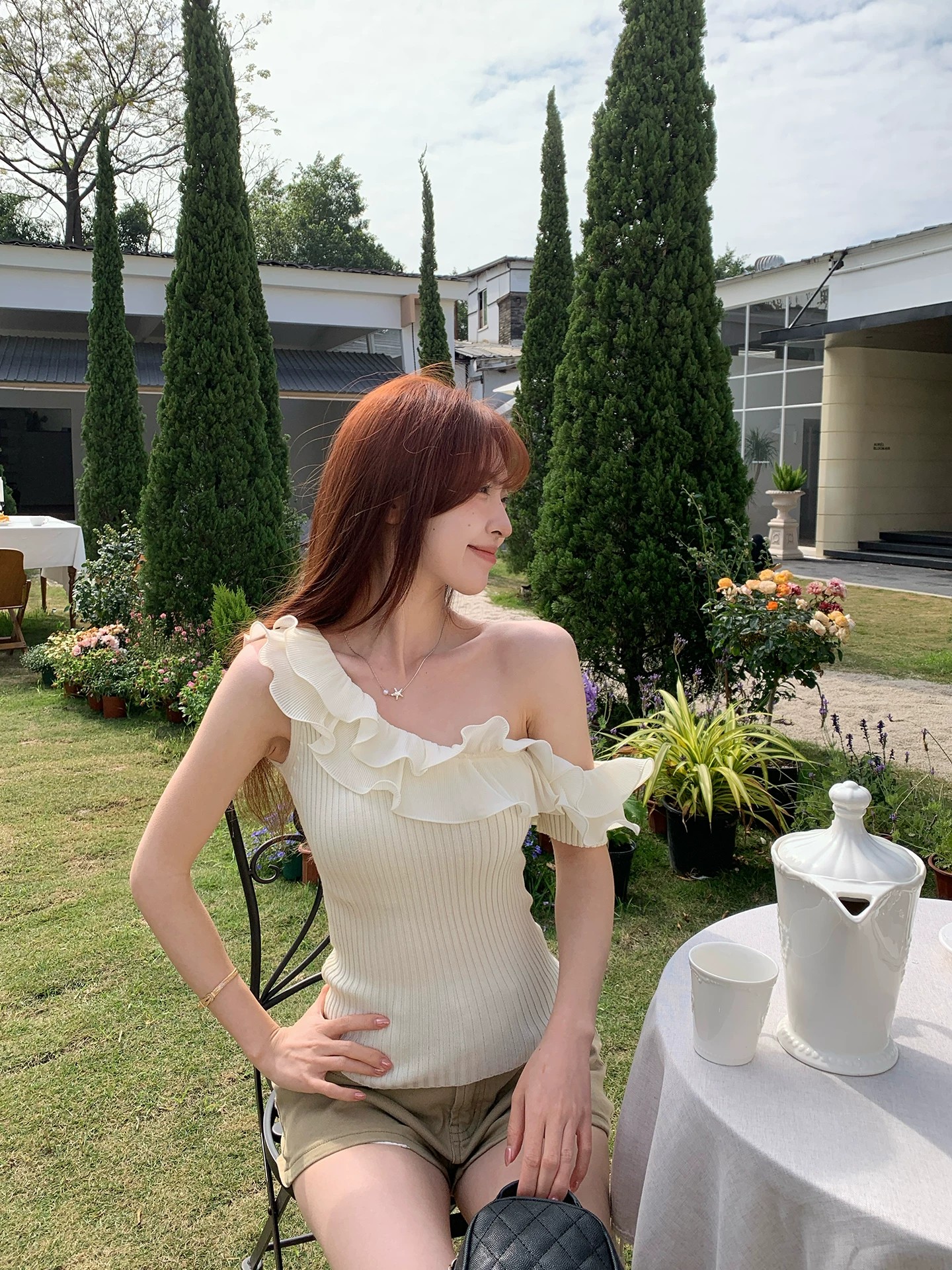 morning bloom韓系粉色荷葉邊針織短袖女夏季純欲風斜肩百搭上衣