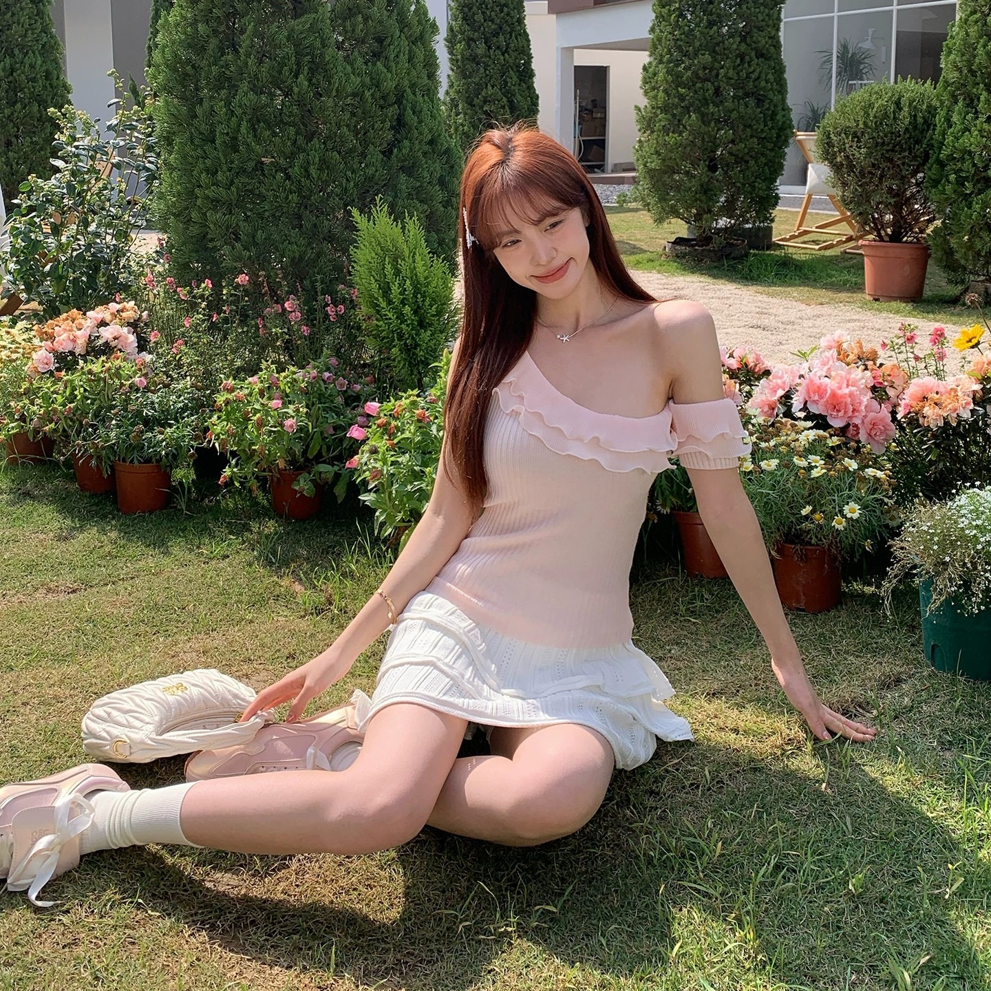 morning bloom韓系粉色荷葉邊針織短袖女夏季純欲風斜肩百搭上衣
