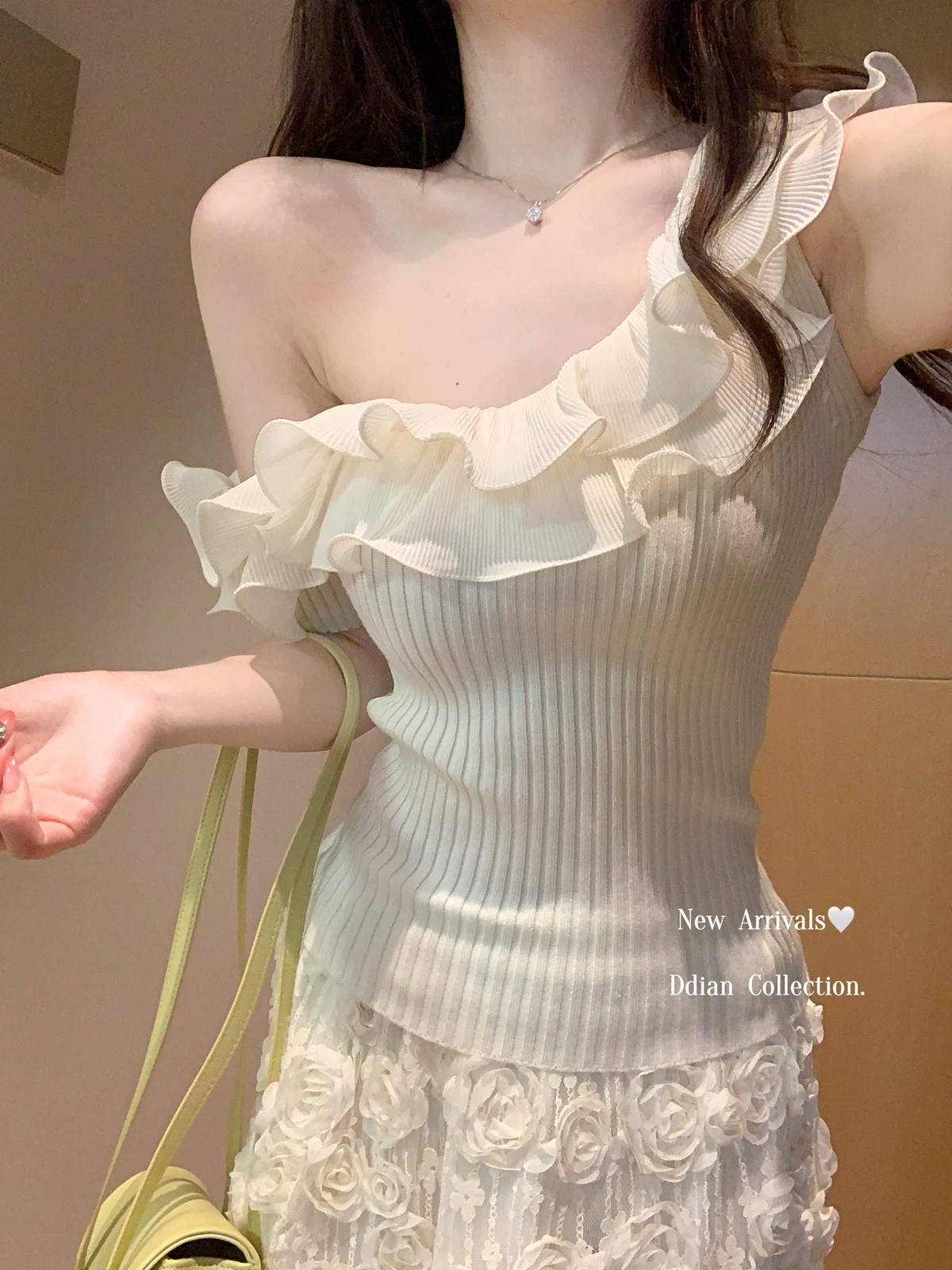 morning bloom韓系粉色荷葉邊針織短袖女夏季純欲風斜肩百搭上衣