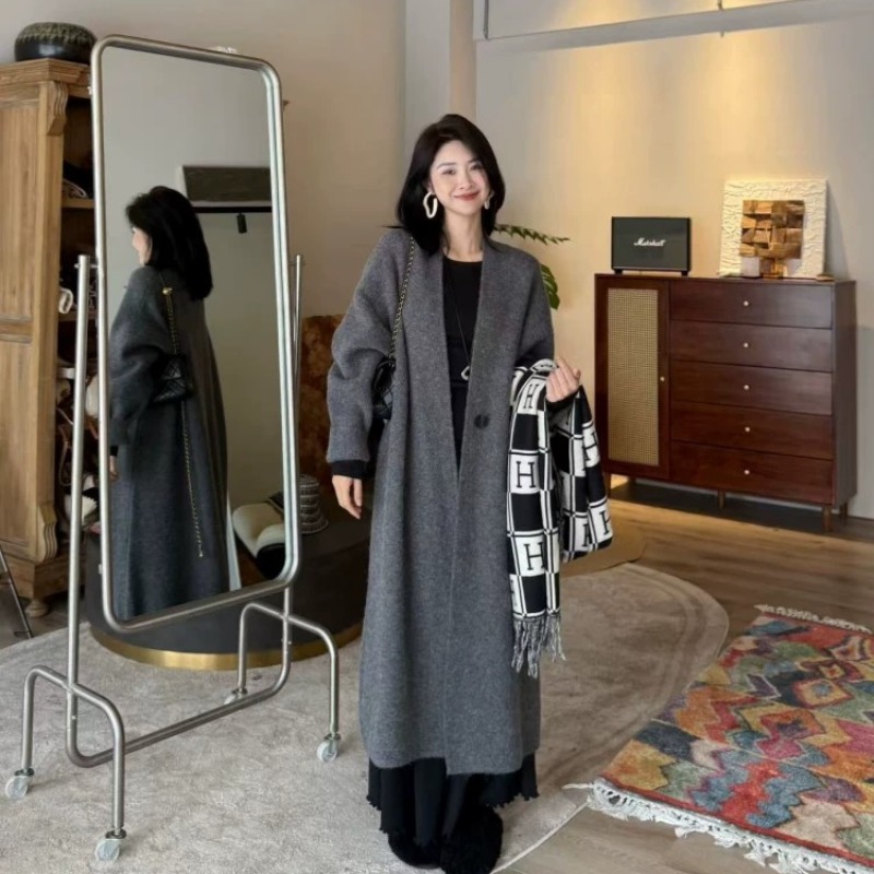 韓系高級感V領中長款針織開衫女秋冬加厚獨特好看一粒扣外套大衣