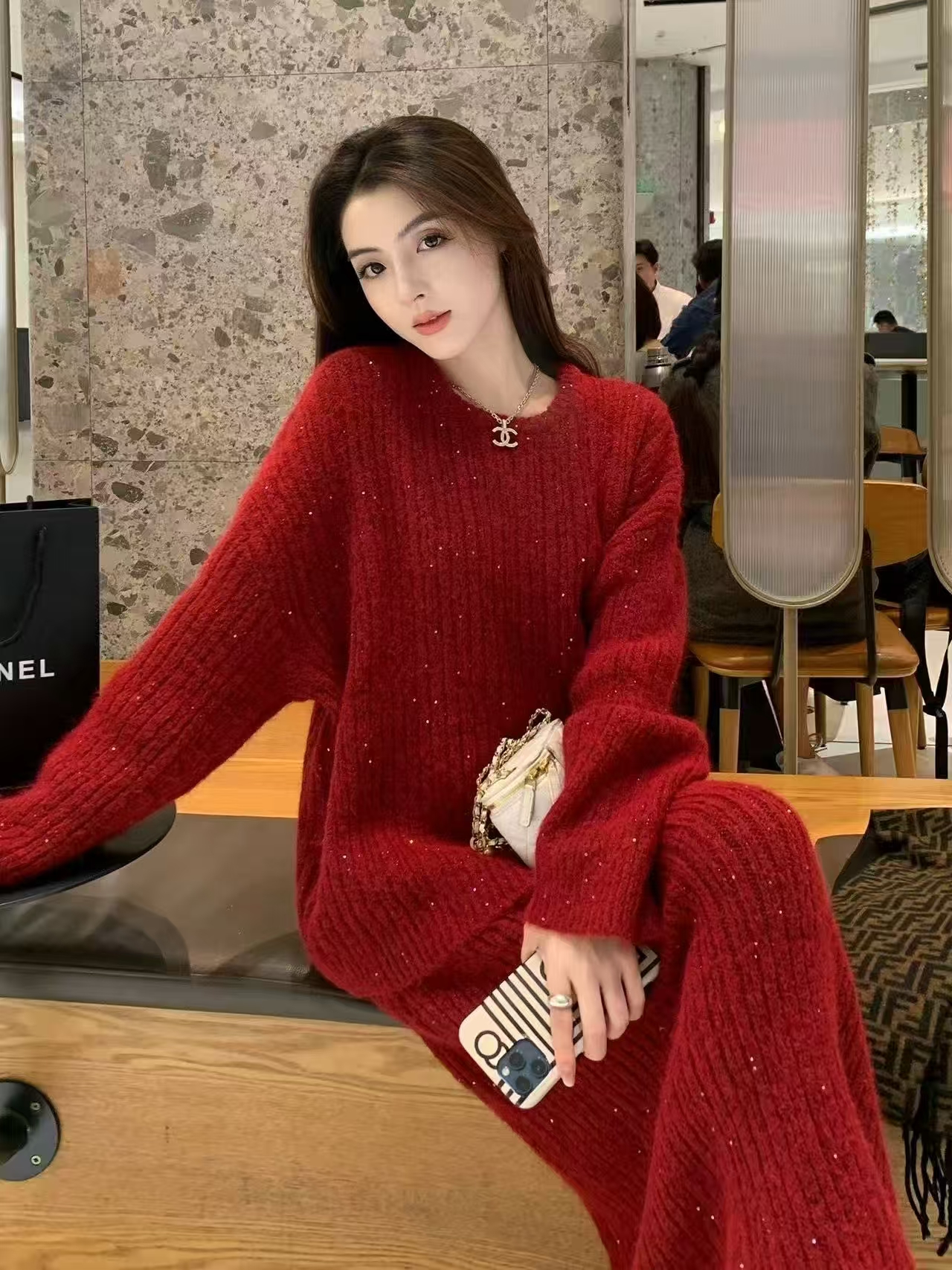 圣誕新年新春紅色亮絲毛衣套裝女秋冬穿搭一整套針織半身裙兩件套