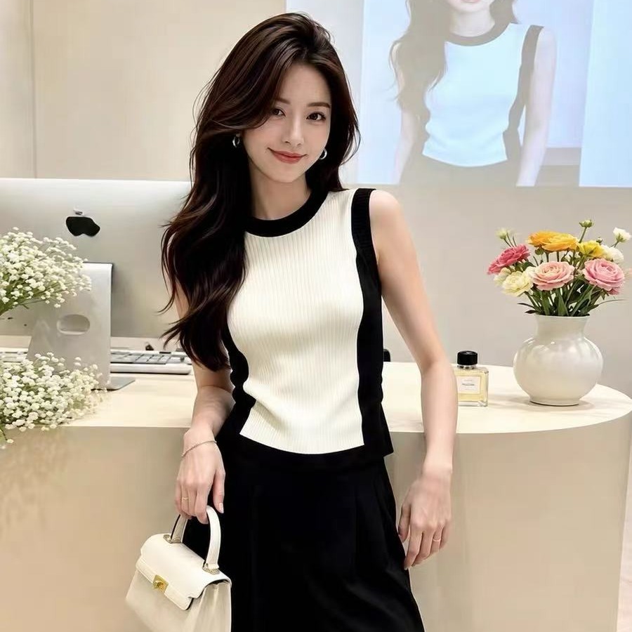 拼色修身圓領無袖吊帶背心女士2026夏季泰國絕美慵懶夏日穿搭上衣