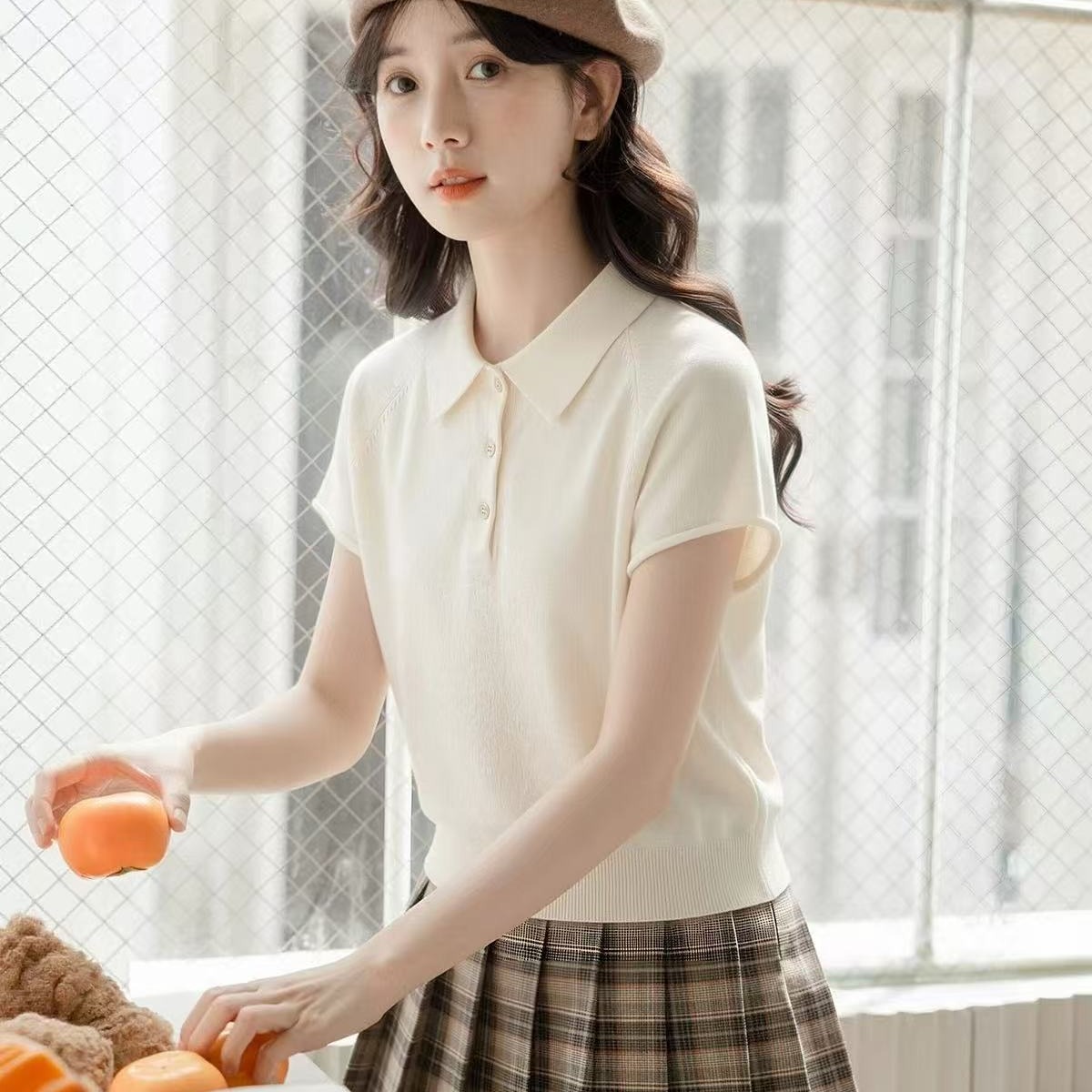 么寧韓系藍色polo領短袖針織衫上衣女夏季新款清新超好看正肩T恤