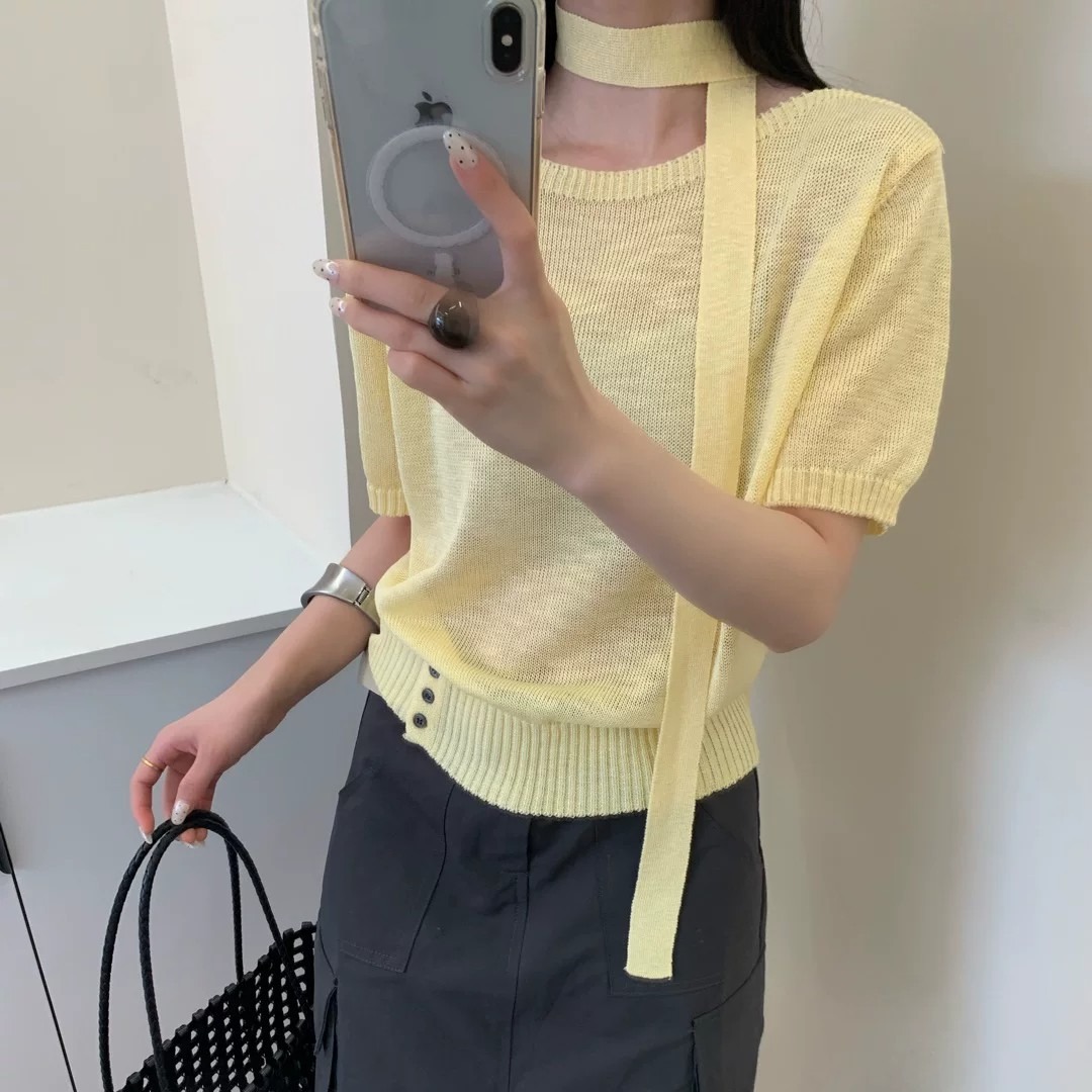 溫柔風一字領飄帶短袖針織衫女2026夏季新款寬松百搭顯瘦上衣5629