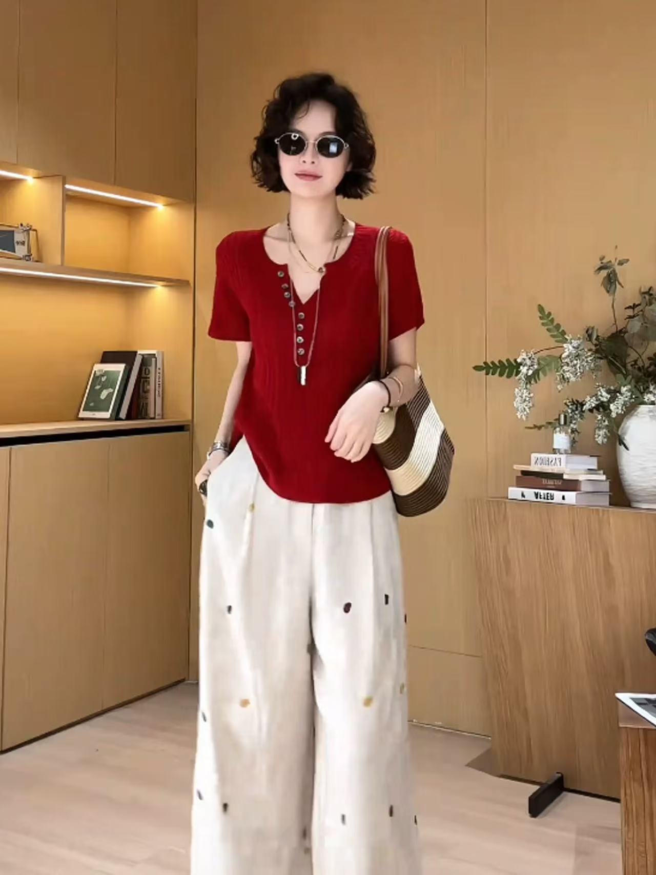 復古豎紋麻花亨利領針織衫女夏季輕熟風寬松顯瘦百搭薄款透氣上衣