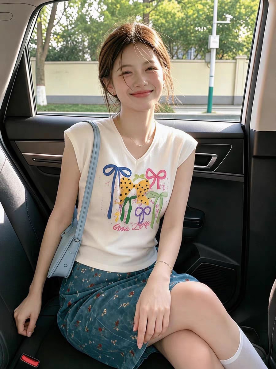 韓系蝴蝶結印花v領短袖t恤女夏季新款正肩修身顯瘦短款小上衣