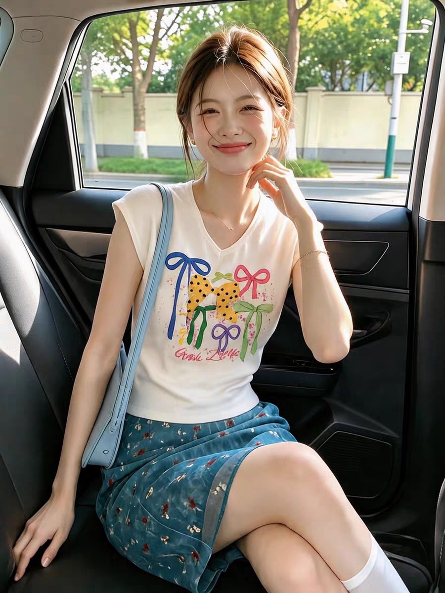 韓系蝴蝶結印花v領短袖t恤女夏季新款正肩修身顯瘦短款小上衣