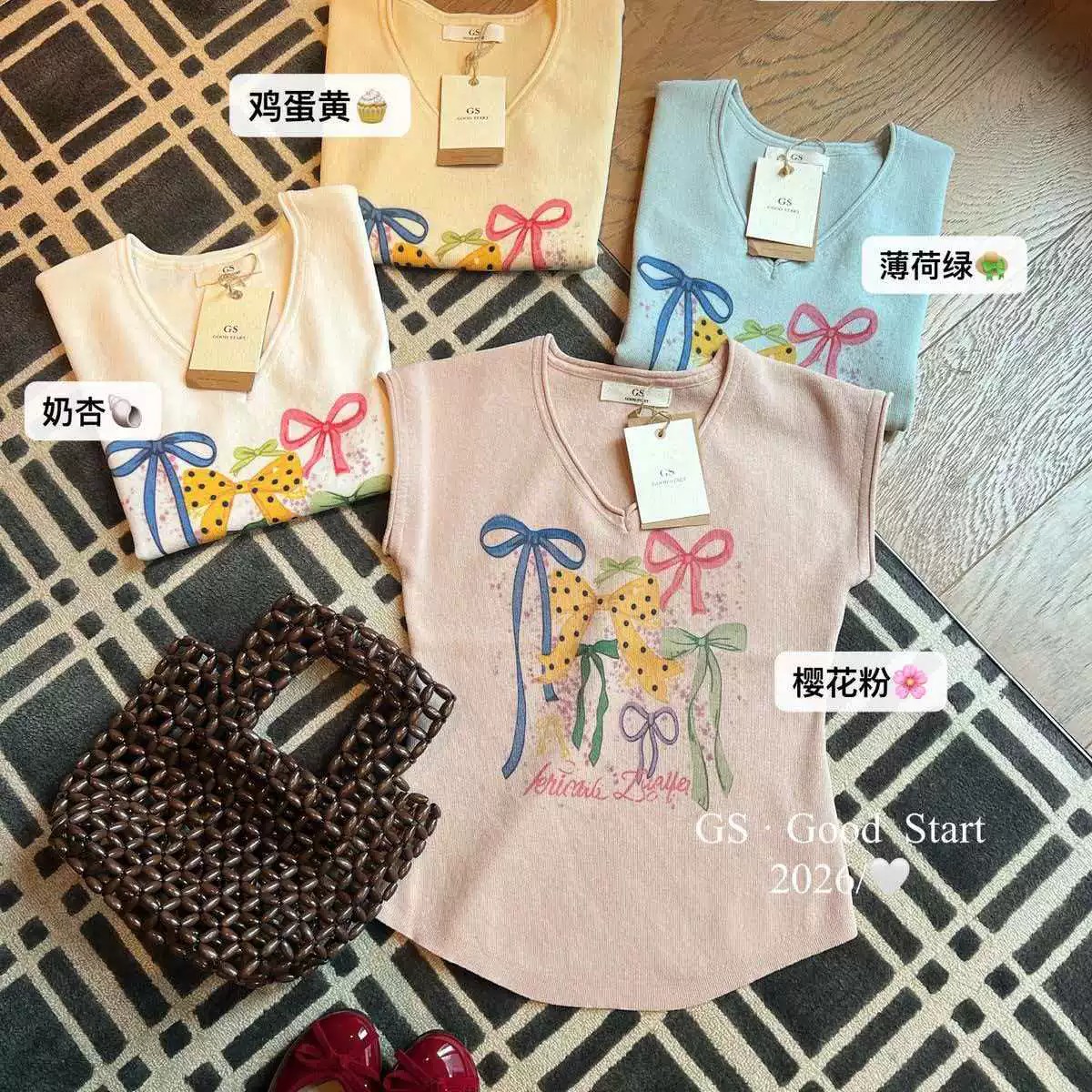 白色V領蝴蝶結印花寬松背心吊帶女2026夏季超火減齡巨好看的上衣