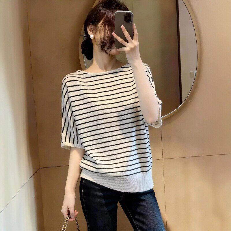 韓系慵懶風條紋天絲針織衫女夏季大碼胖妹妹時尚氣質寬松遮肉上衣