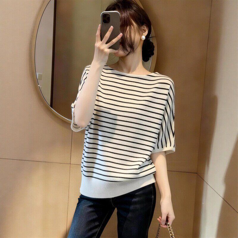 韓系慵懶風條紋天絲針織衫女夏季大碼胖妹妹時尚氣質寬松遮肉上衣