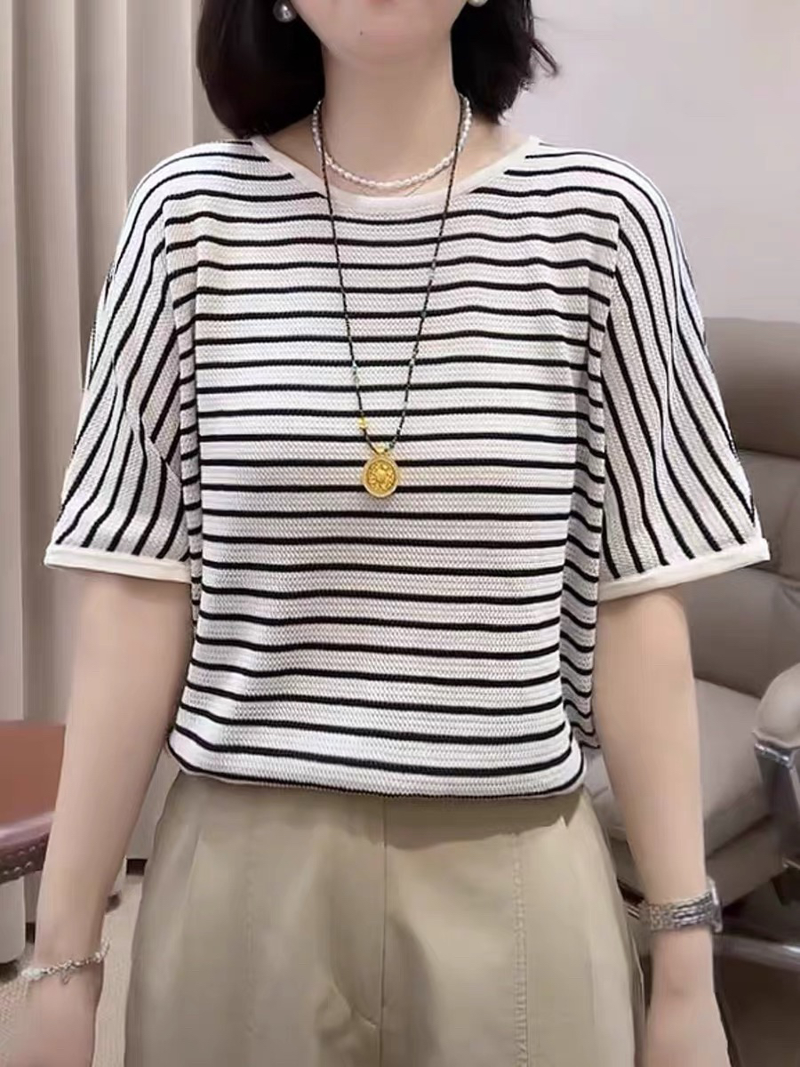 韓系慵懶風條紋天絲針織衫女夏季大碼胖妹妹時尚氣質寬松遮肉上衣