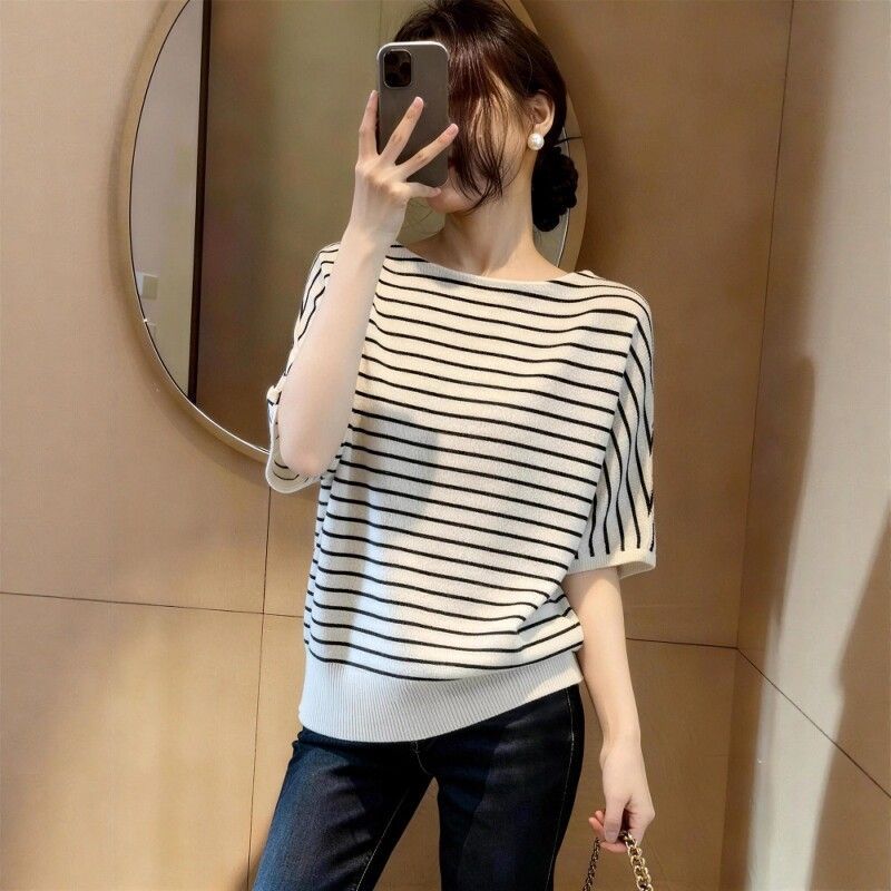 韓系慵懶風條紋天絲針織衫女夏季大碼胖妹妹時尚氣質寬松遮肉上衣