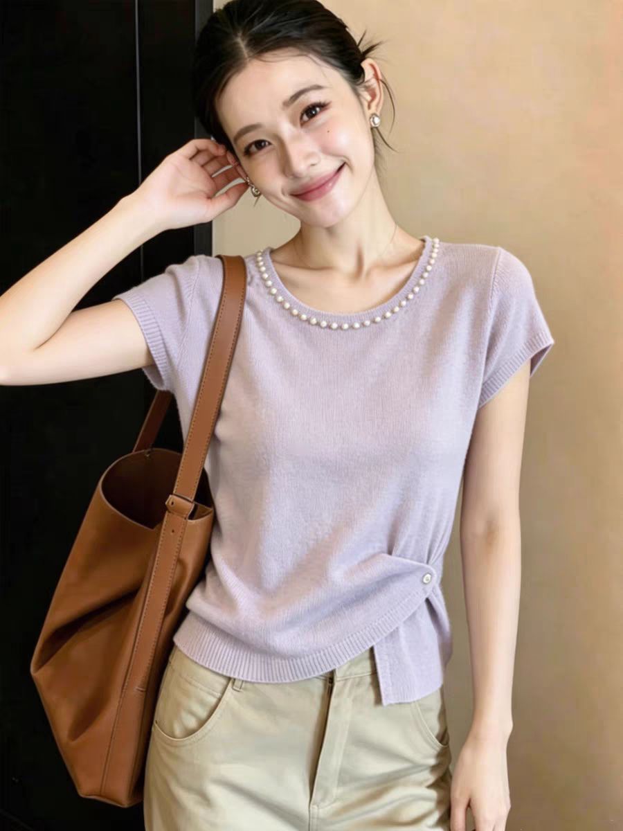 圓領釘珠薄款短袖針織衫女款2026新款夏季設計感收腰顯瘦百搭上衣
