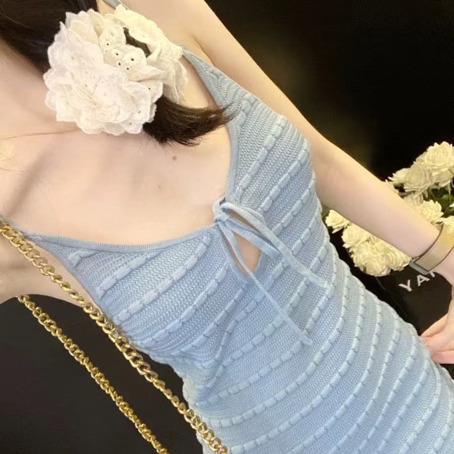 Leathercat超好看連衣裙女夏季2026新款法式收腰顯瘦針織吊帶長裙