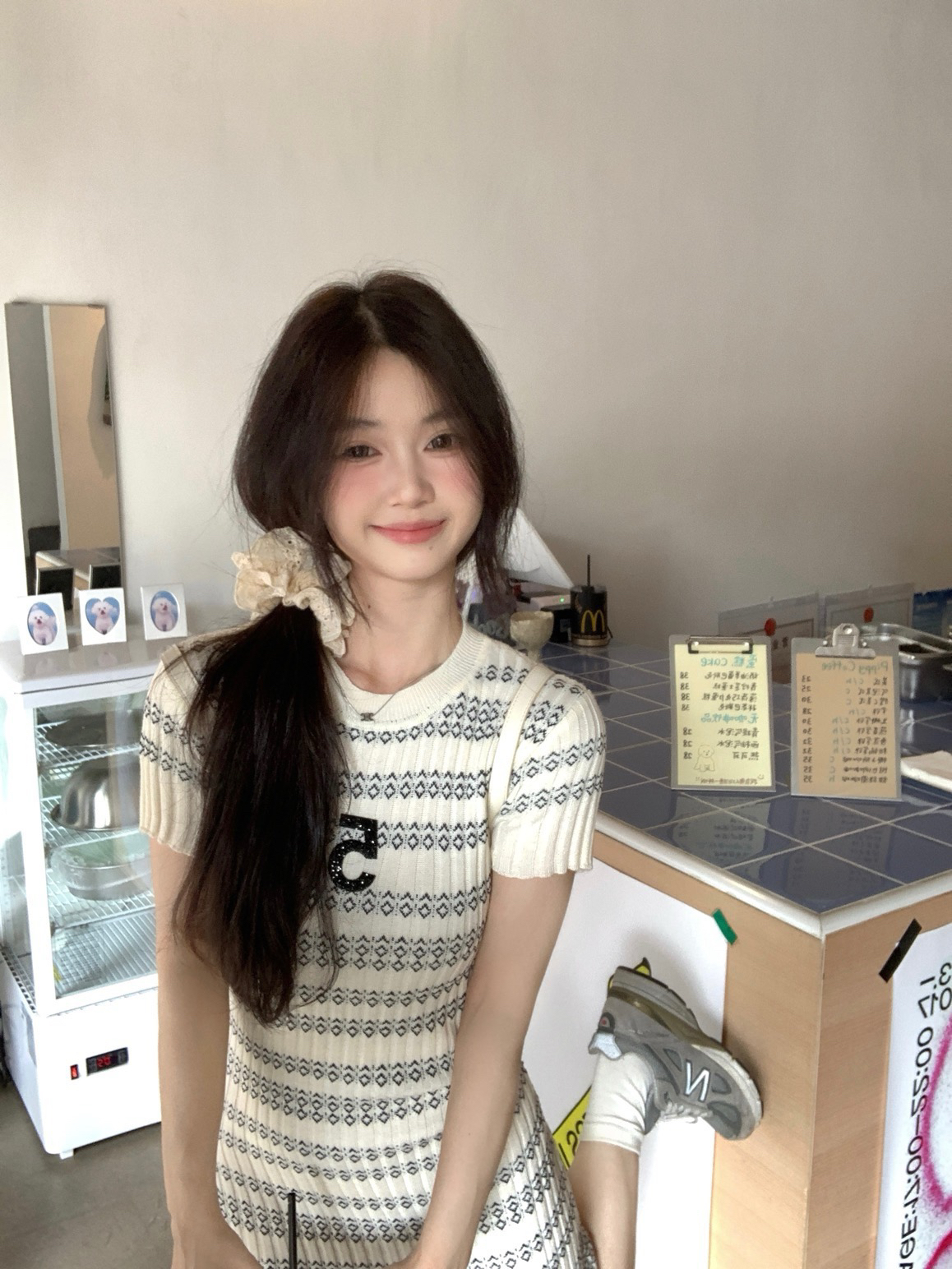 撞色條紋刺繡針織短袖連衣裙女夏季氣質修身短裙圓領收腰包臀裙子