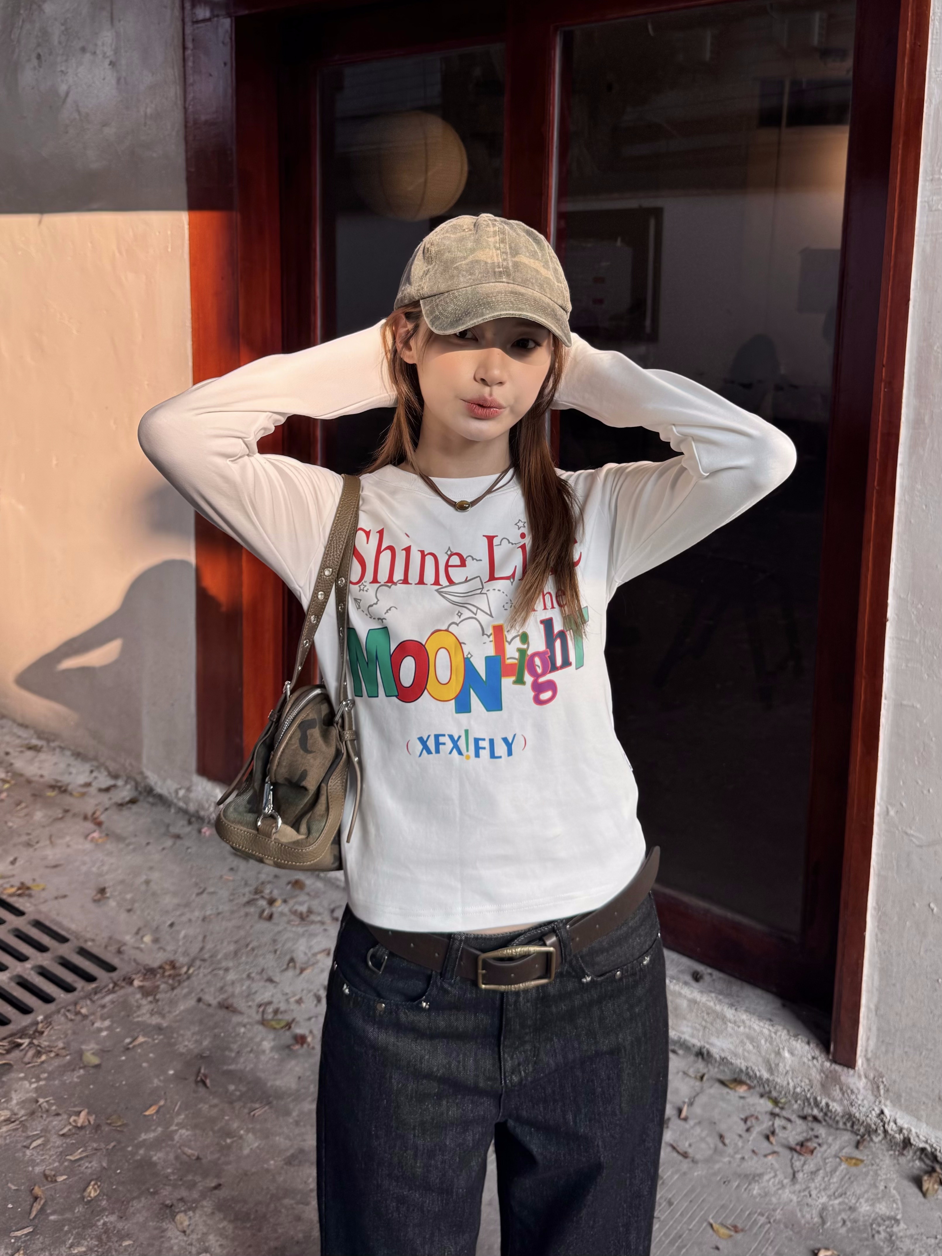 MY13397# 纯棉紧密赛络纺美式复古宽松字母长袖T恤女女裝貨源服裝批發