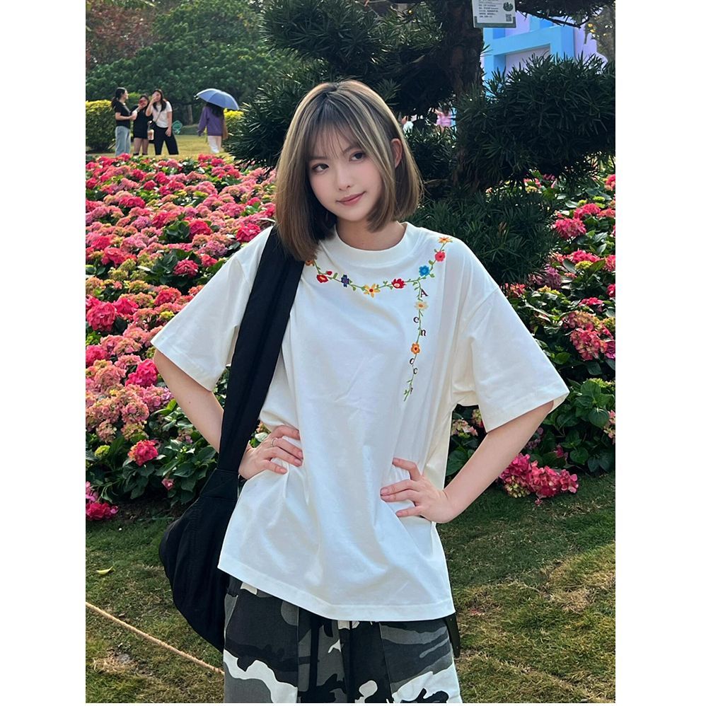 RY124# 纯棉原版刺绣品质升级新款花边设计宽松短袖夏季爆款时尚感