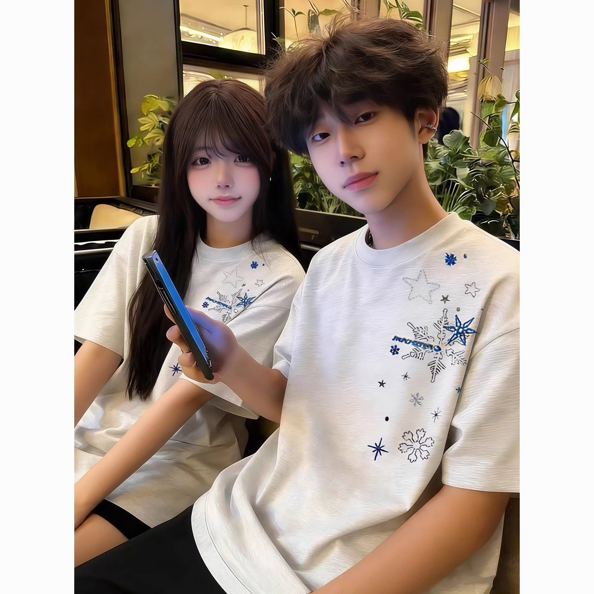 RY120# 纯棉原版刺绣品质升级夏季百搭圆领宽松T恤星星雪花情侣上衣