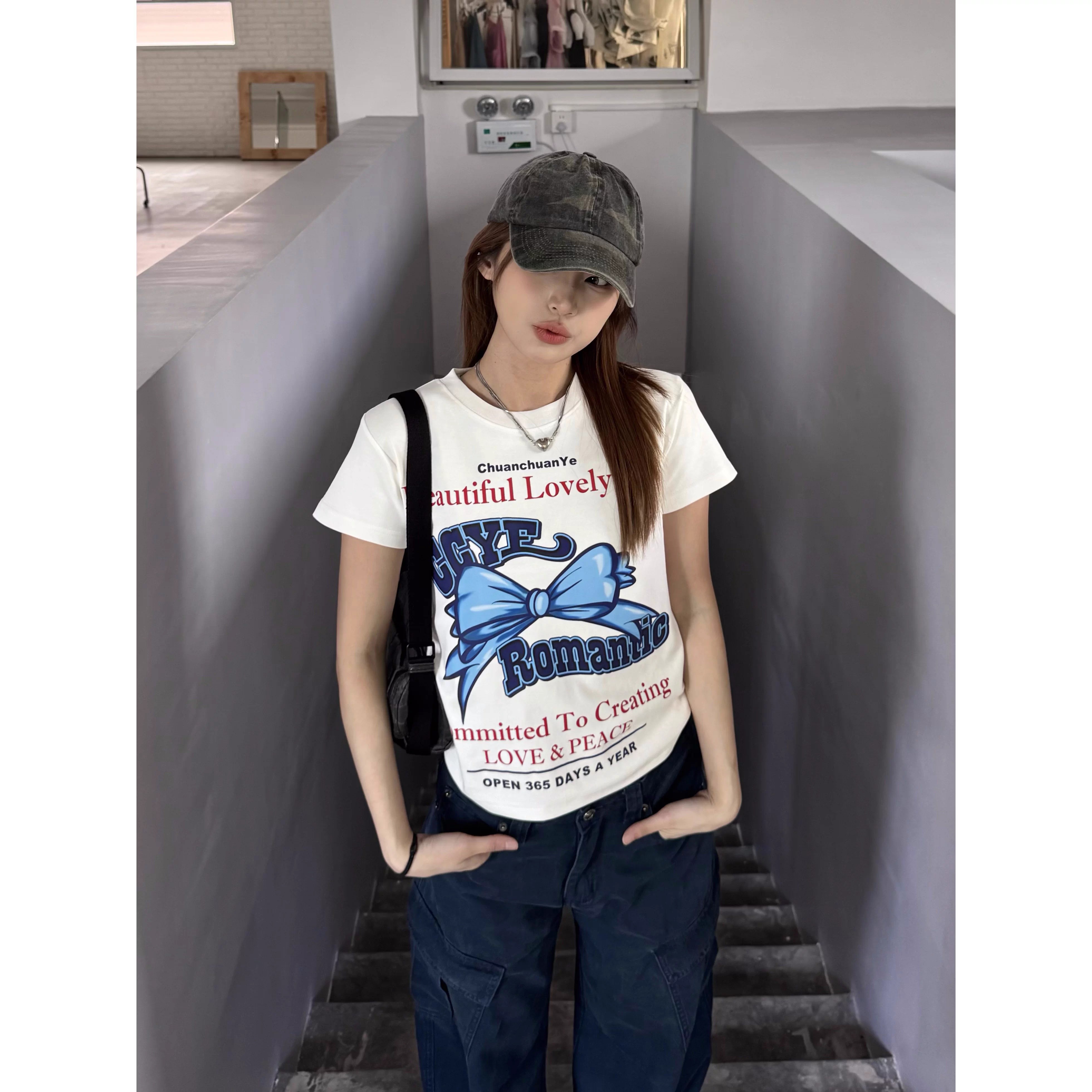 RY2784# 后包领正肩显瘦蝴蝶结印花短袖夏