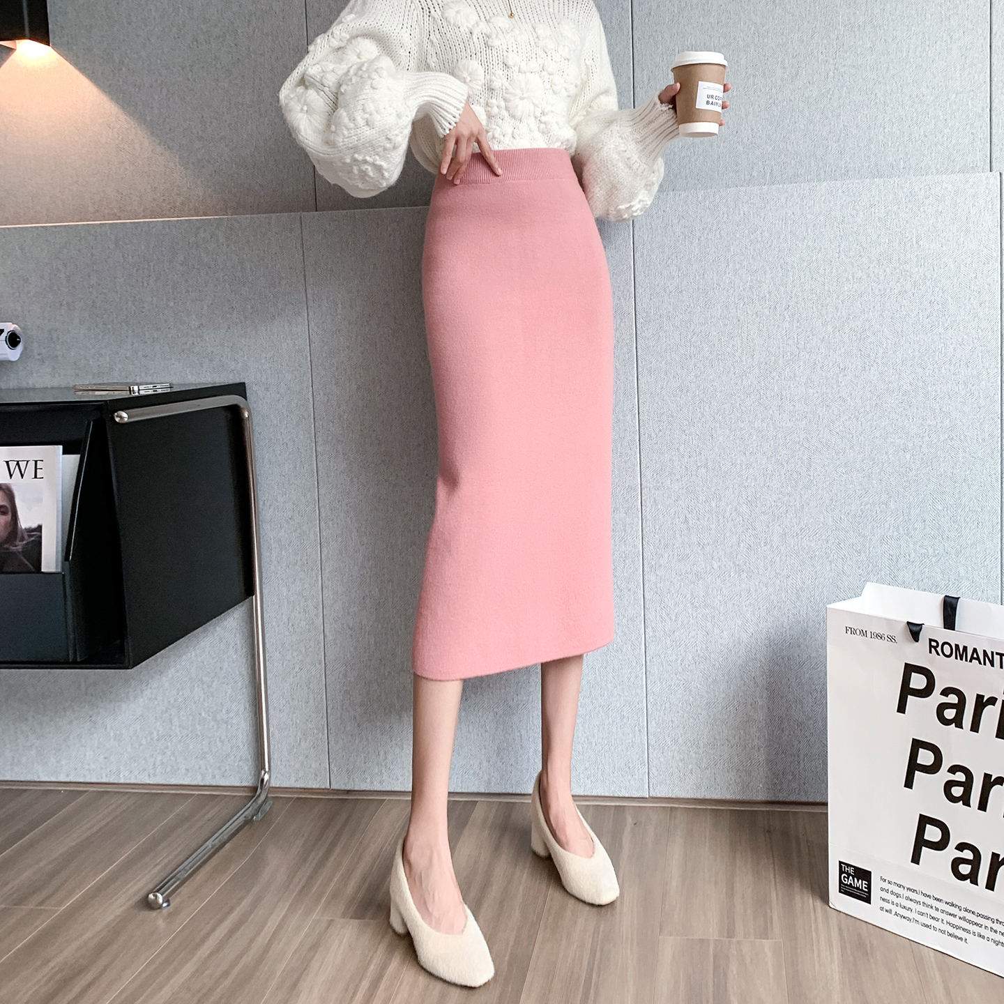 實拍開叉針織半身裙女小個子春秋高腰顯瘦毛線裙直筒長裙包臀裙子