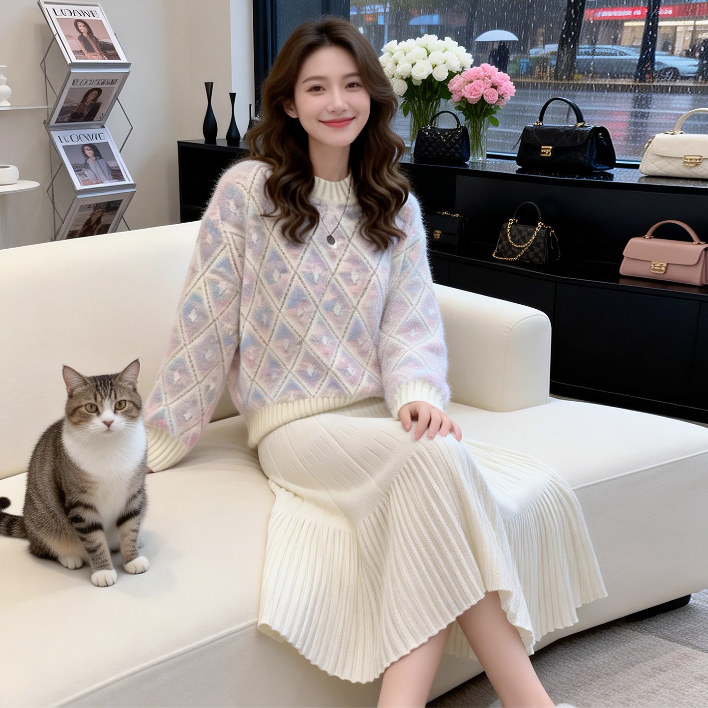 實拍～針織百褶半身裙女秋冬小個子高腰顯瘦中長款a字傘裙長裙