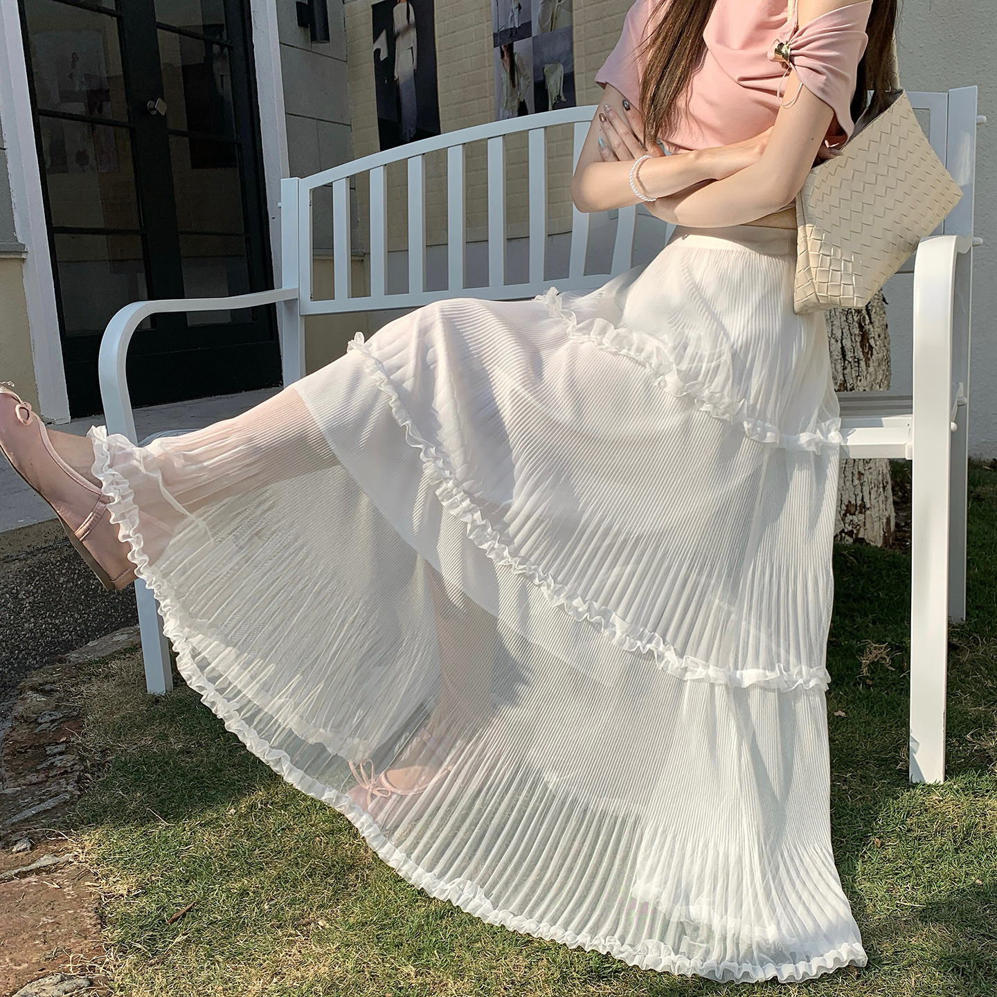 實拍～白色網紗半身裙女2026春季新款木耳花邊蛋糕裙大擺傘裙長裙