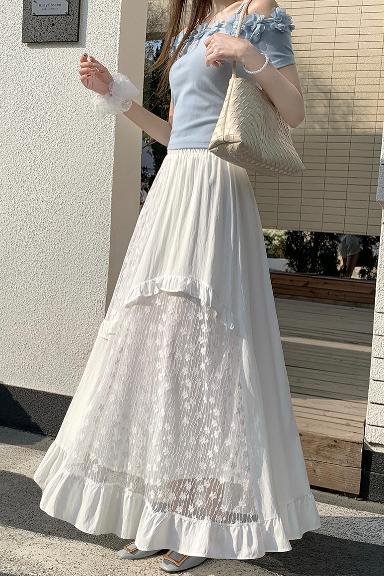 實拍 白色蕾絲蛋糕半身裙女春夏季高腰顯瘦垂感a字傘裙大擺長裙