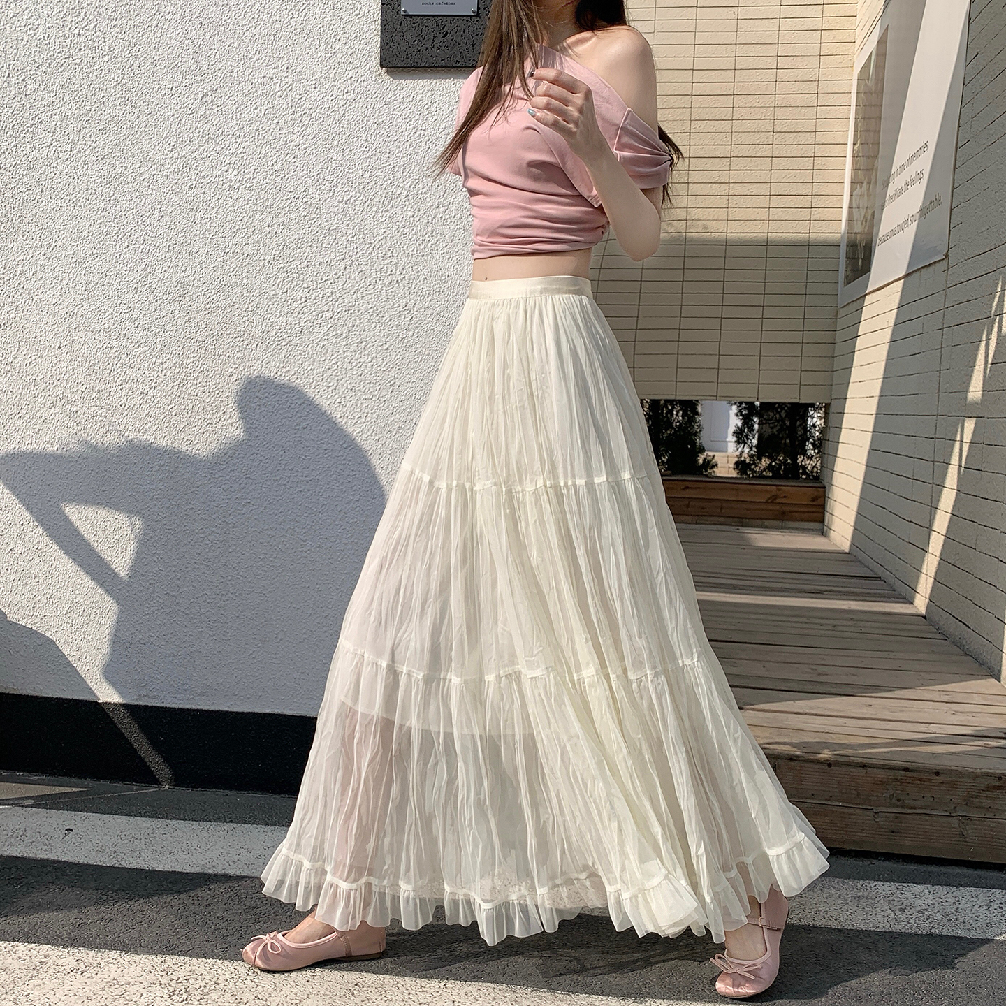 實拍～氣質簡約松緊腰褶皺半身裙女2026春季新款修身顯瘦溫柔長裙