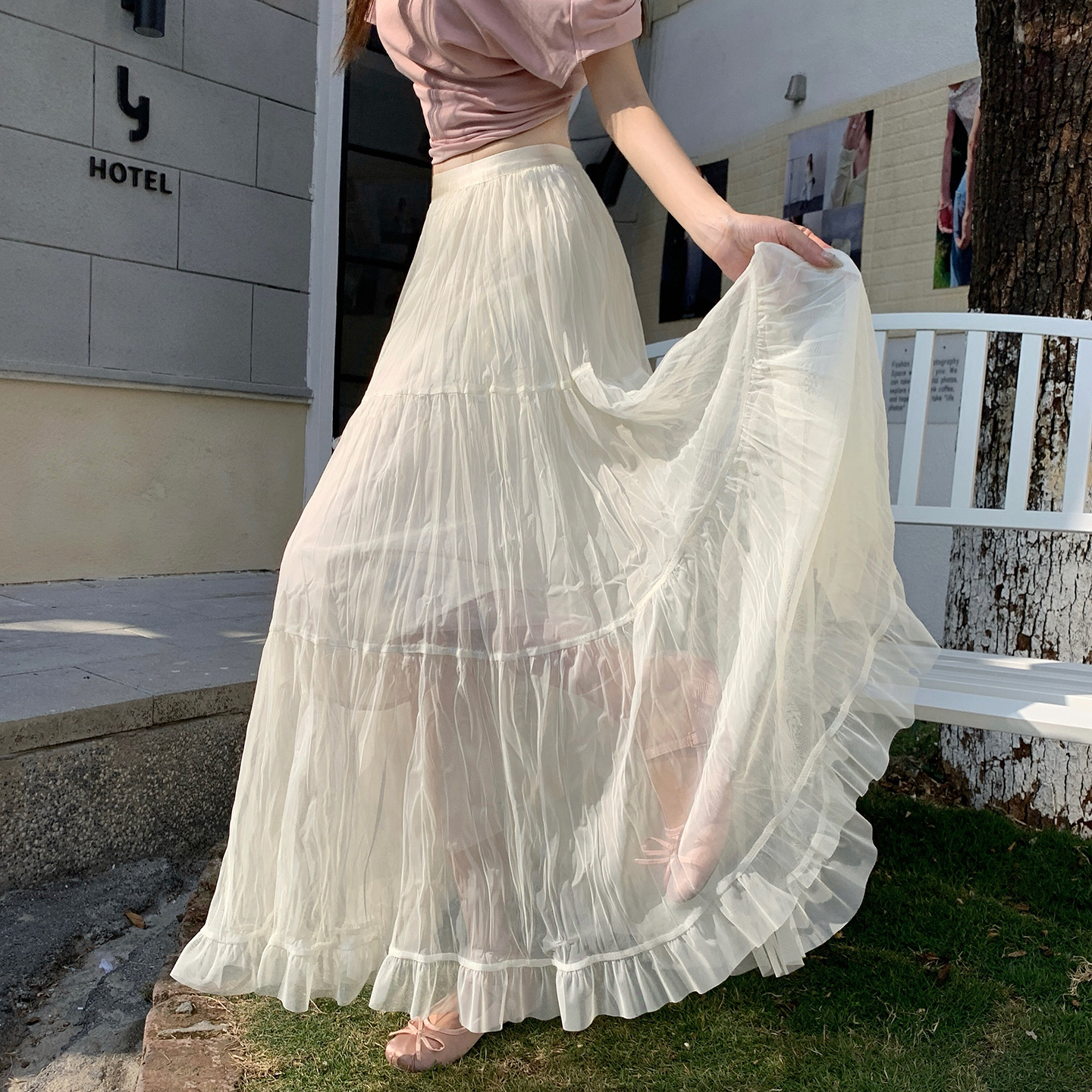 實拍～氣質簡約松緊腰褶皺半身裙女2026春季新款修身顯瘦溫柔長裙