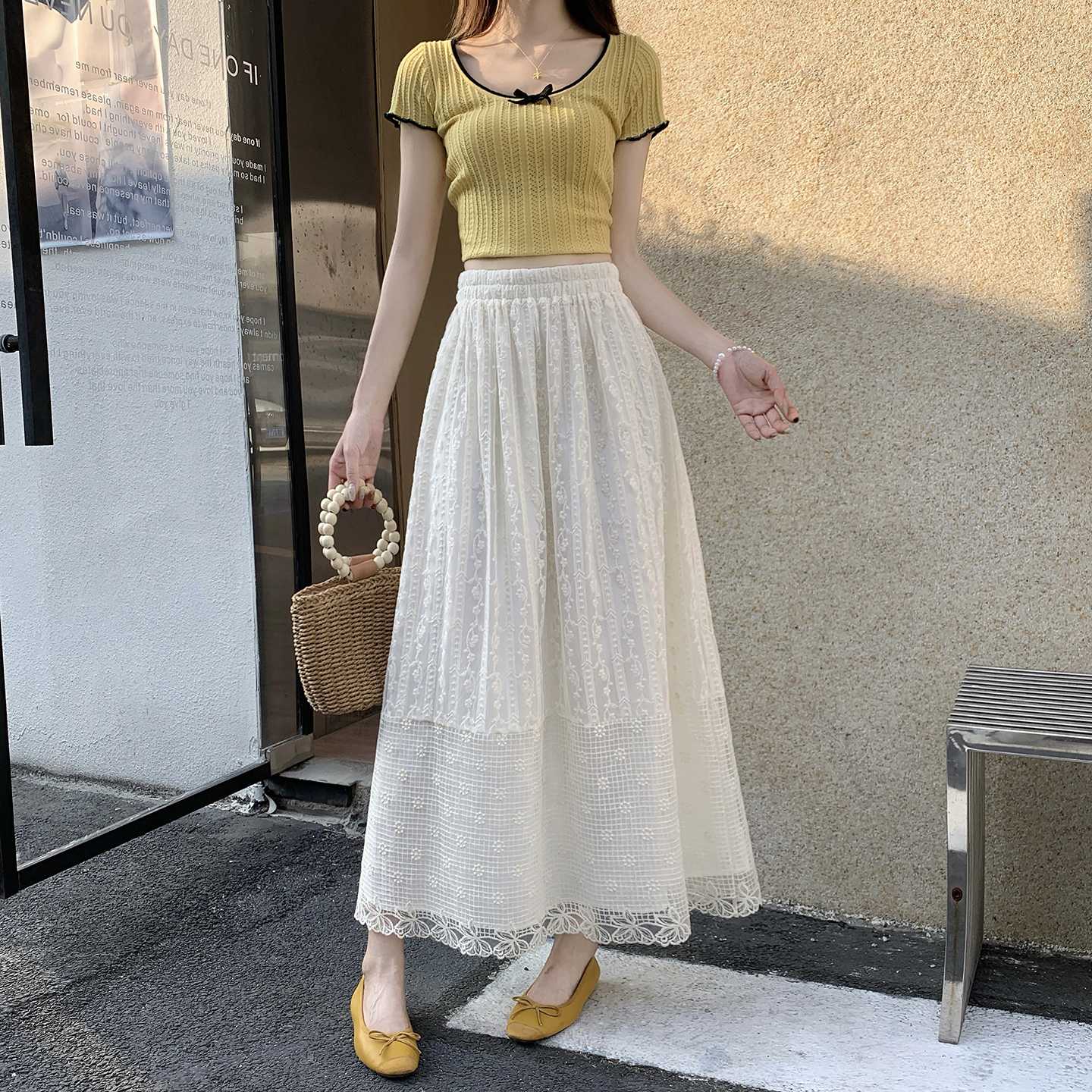 實拍～韓版溫柔風鉤花鏤空蕾絲白色半身裙2026春季新款網紗a字裙