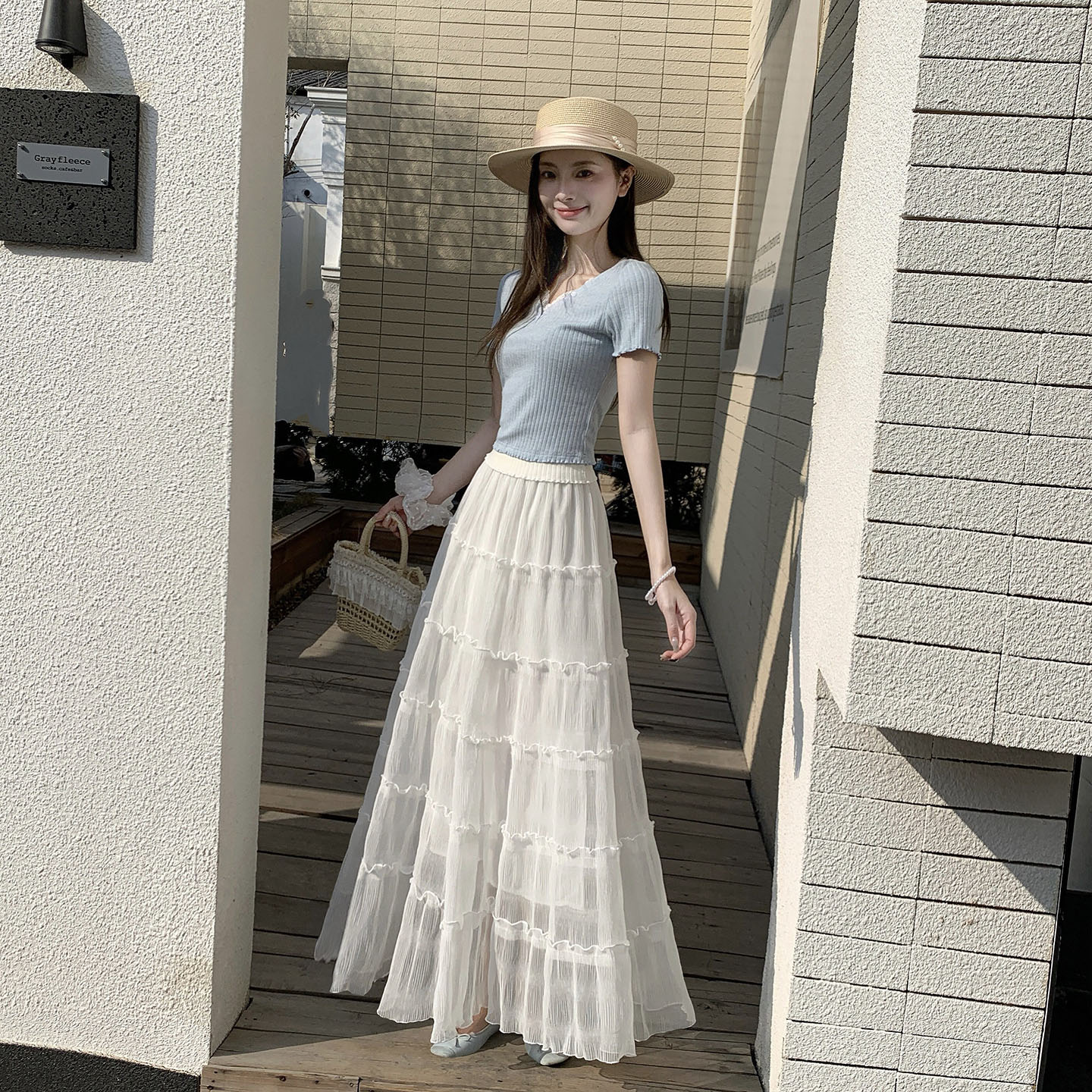 仙女裙抓皺月光紗半身裙2026新款松緊腰飄逸垂感a字木耳邊蛋糕裙