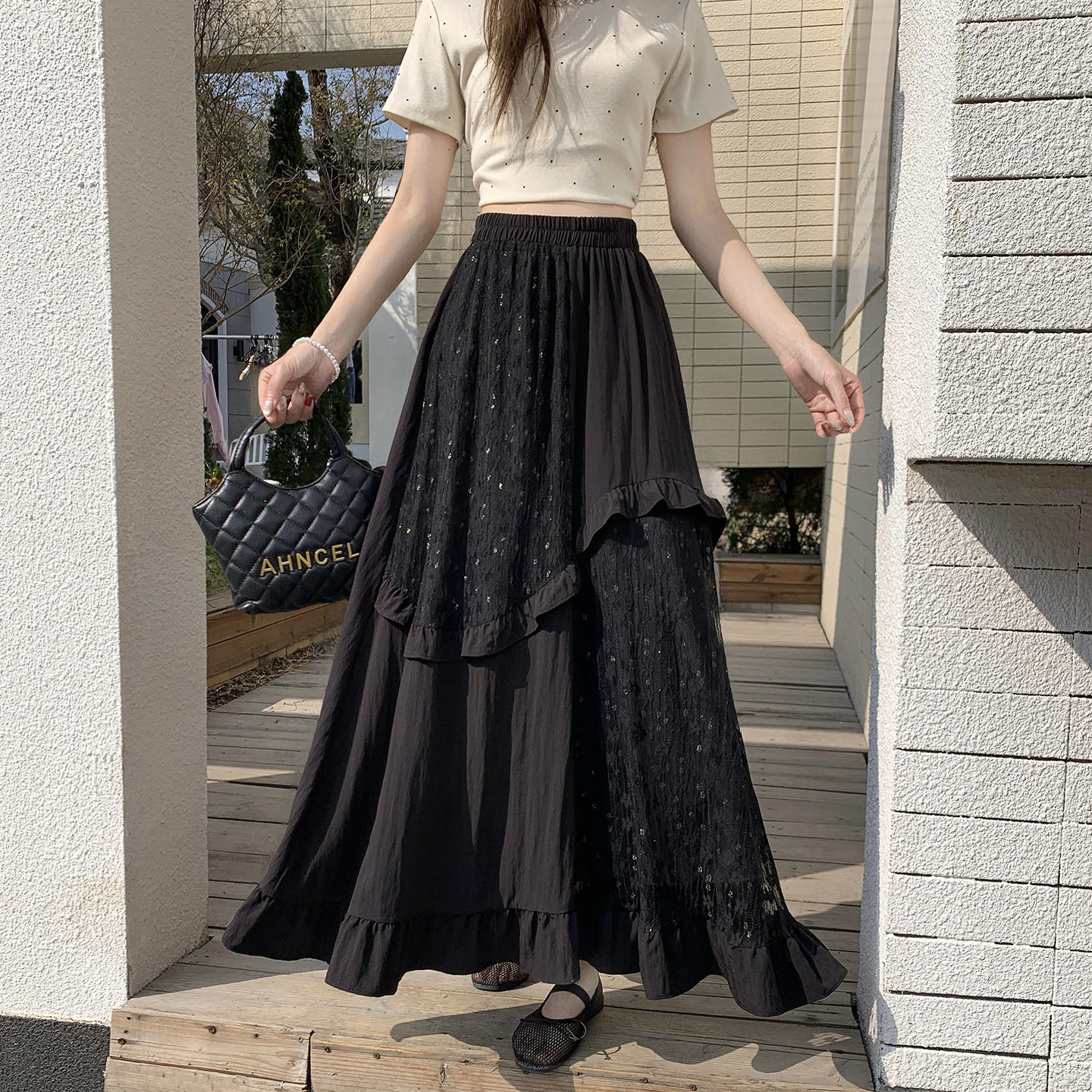 不規則蕾絲拼接木耳邊半身裙女2026松緊高腰顯瘦中長款A字大擺裙