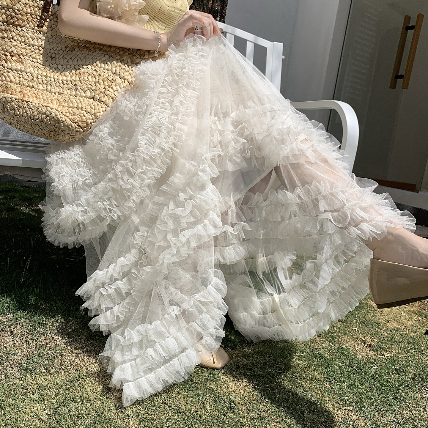 杏色春夏新款松緊中長裙法式蓬蓬蛋糕裙褶皺百褶裙百搭仙女半身裙