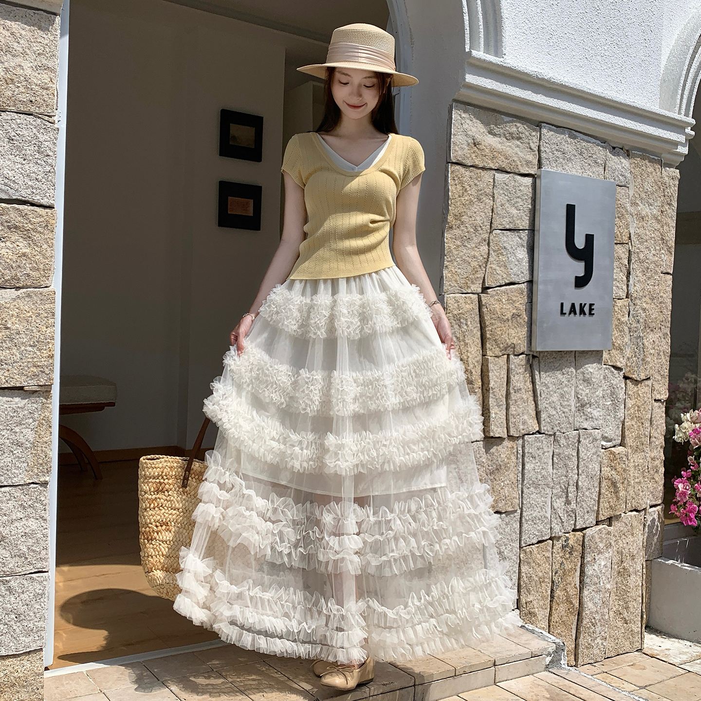 杏色春夏新款松緊中長裙法式蓬蓬蛋糕裙褶皺百褶裙百搭仙女半身裙