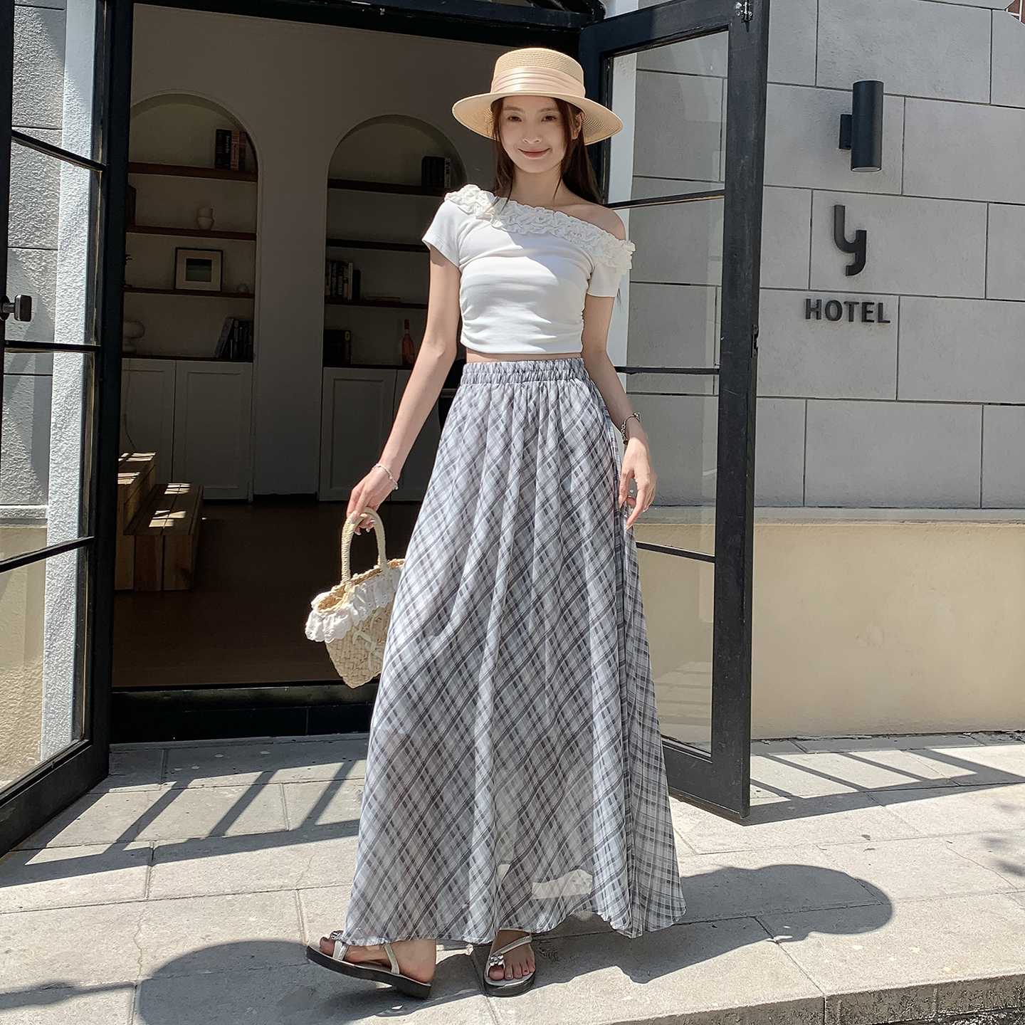 復古雪紡格紋半身裙女2026春夏薄款高腰顯瘦a字大擺傘裙長裙子