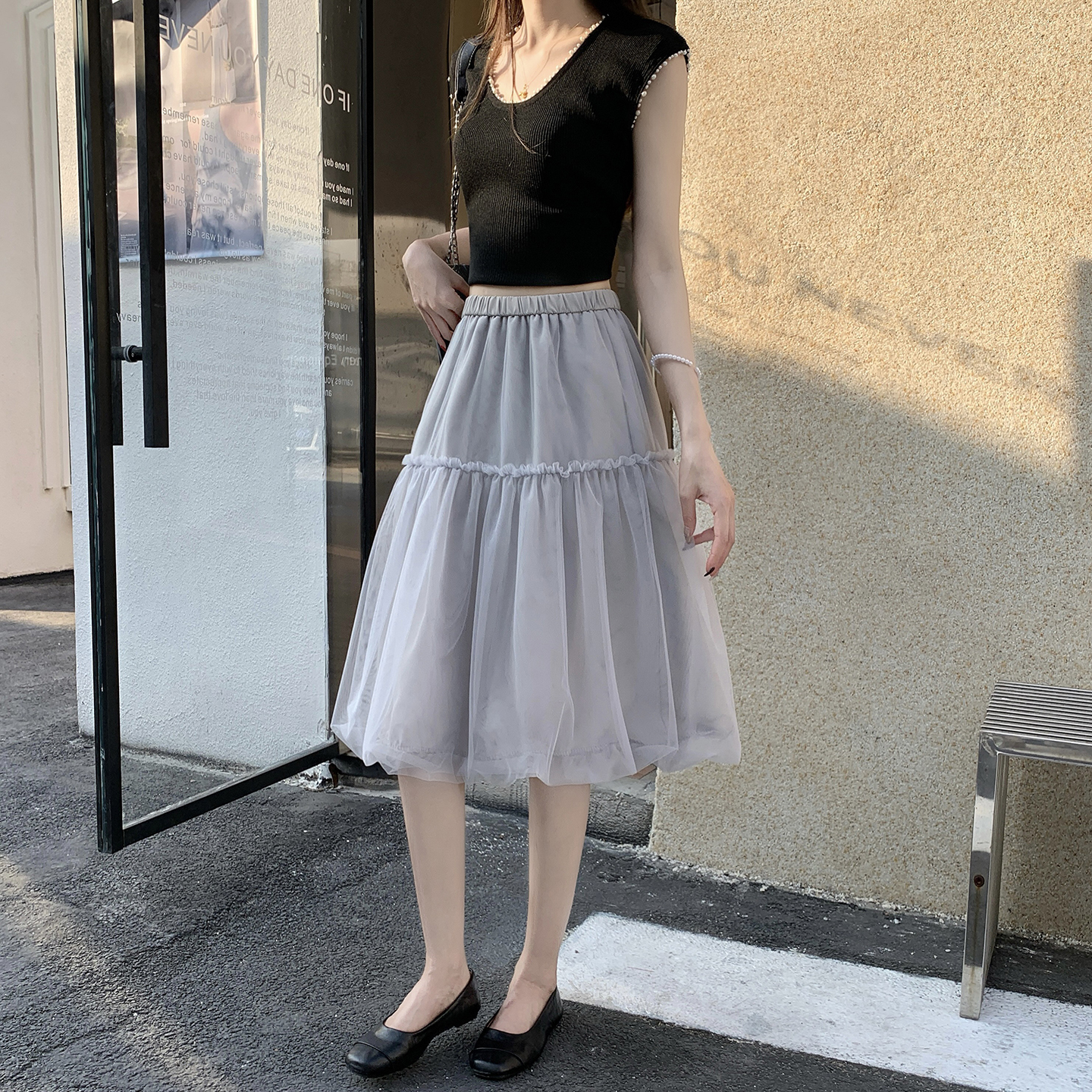 高貨~網紗a字蓬蓬花苞裙半身裙女2026新款松緊腰顯瘦拼接花苞中裙