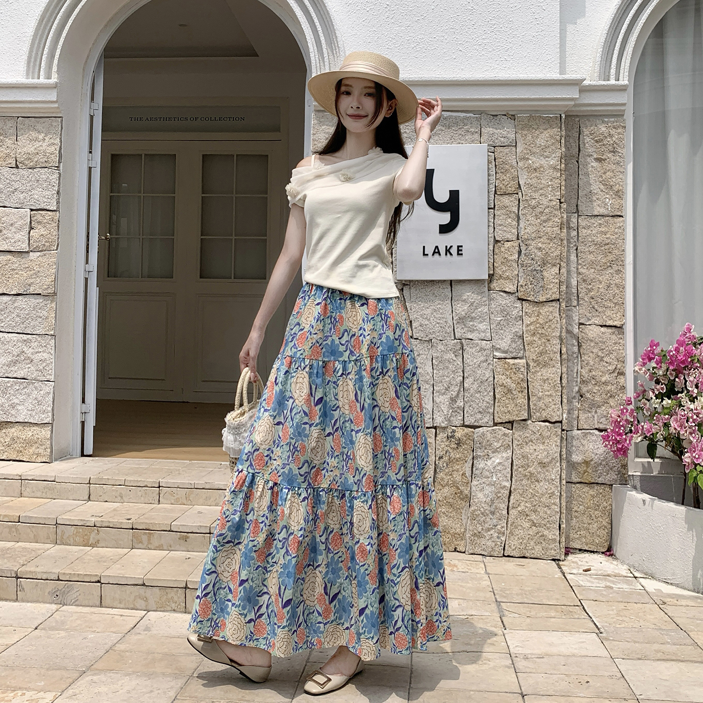 油畫風花朵印花半身裙女2026夏高腰減齡松緊腰拼接蛋糕裙A字傘裙