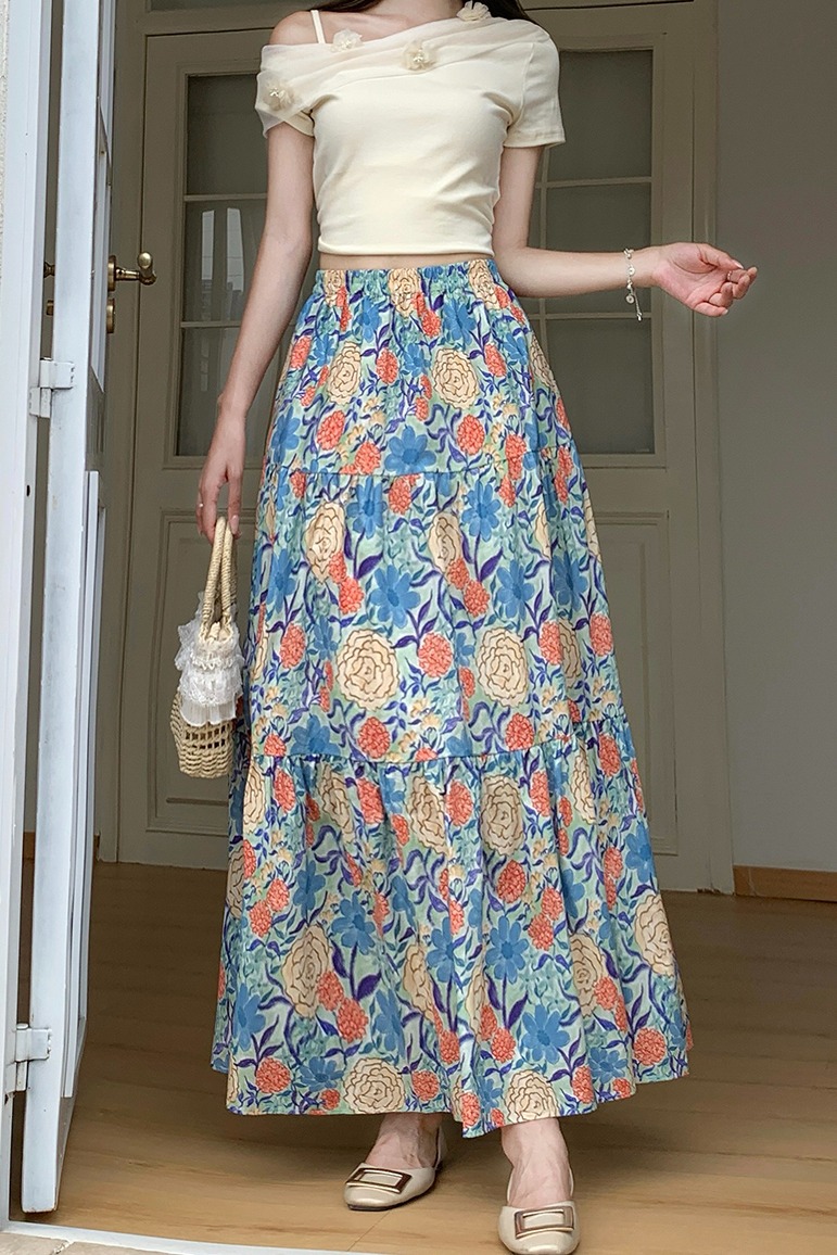 油畫風花朵印花半身裙女2026夏高腰減齡松緊腰拼接蛋糕裙A字傘裙