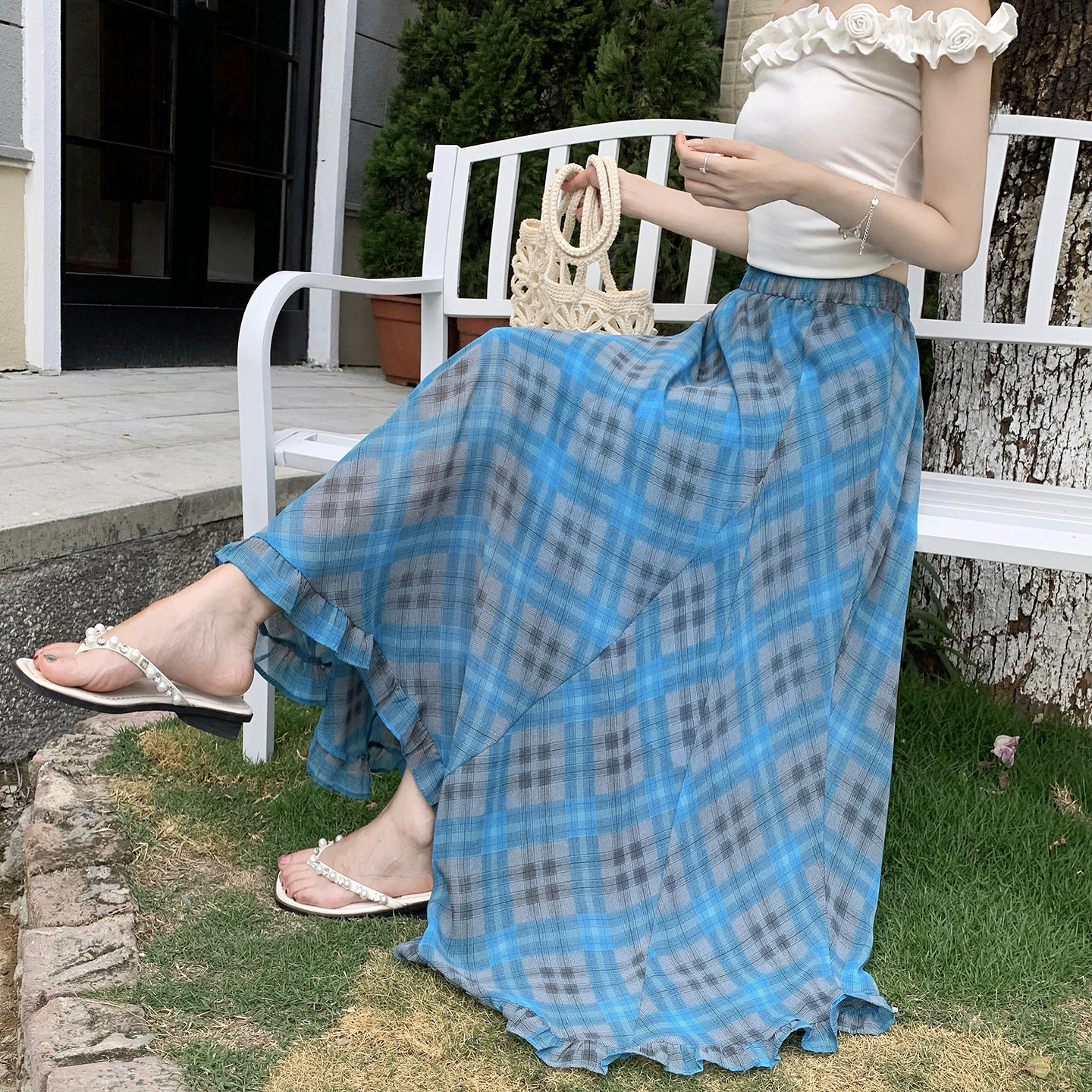 復古格紋不規則半身裙女2026夏季薄款高腰遮胯百搭大擺A字中長裙
