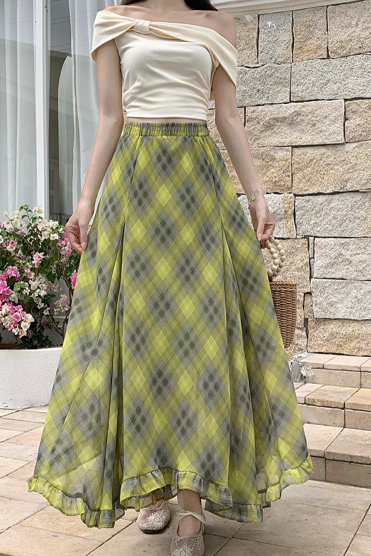 復古格紋不規則半身裙女2026夏季薄款高腰遮胯百搭大擺A字中長裙