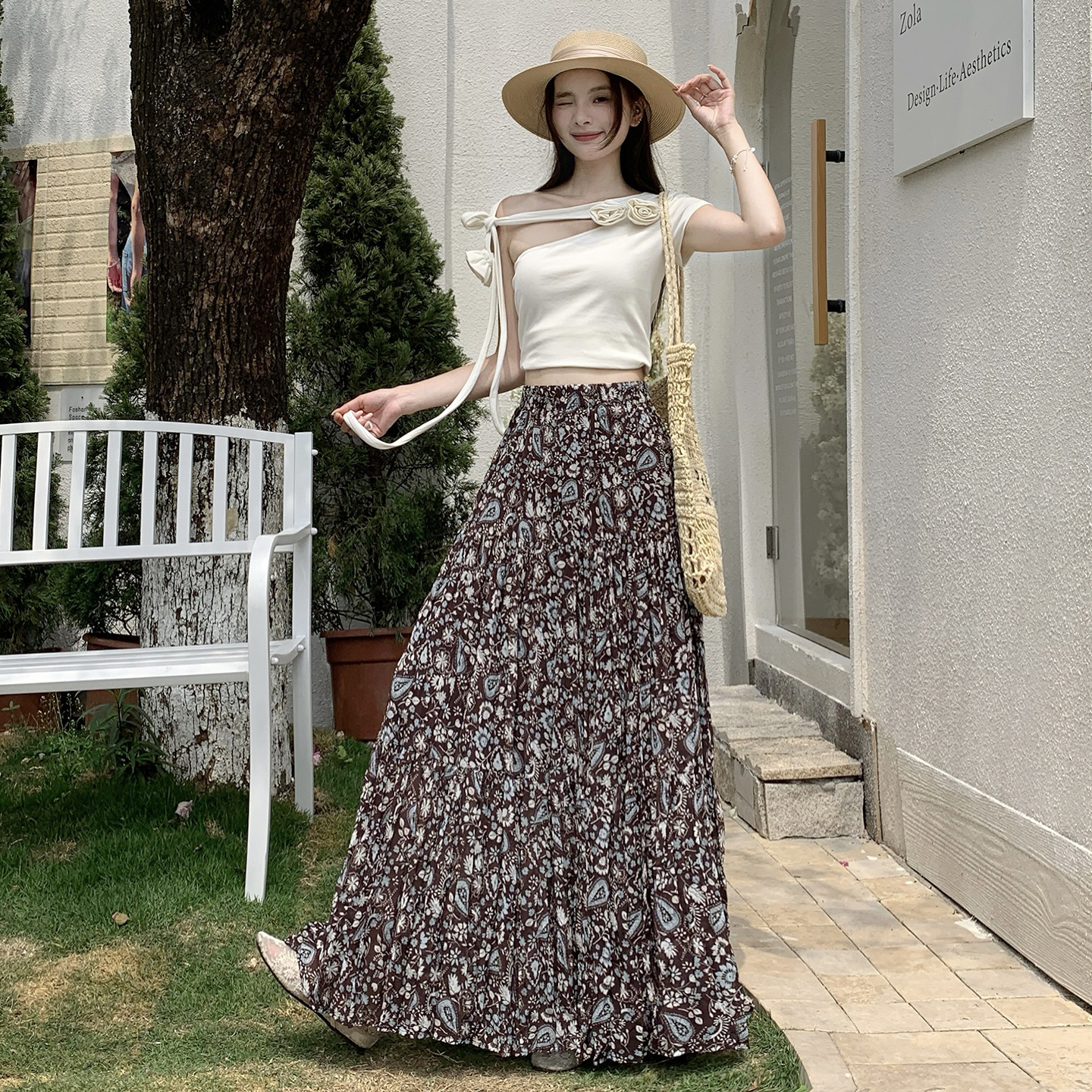復古碎花雪紡半身裙女2026春夏季高腰A字拼接大擺超仙顯瘦長裙子