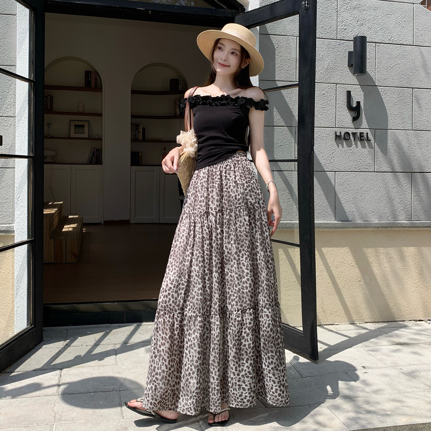 氣質豹紋松緊腰半身裙女2026夏季新款復古高腰顯瘦中長款裙子
