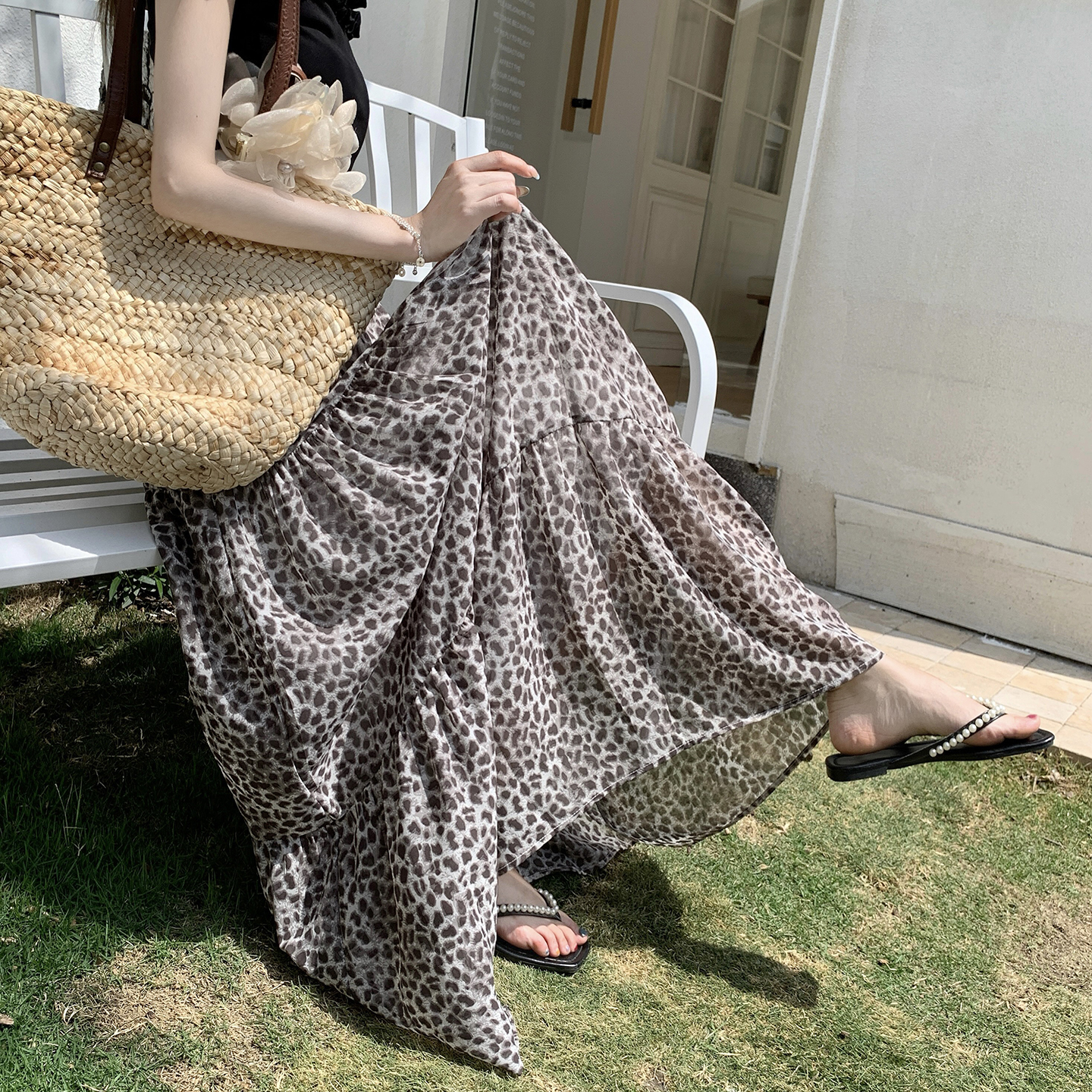 氣質豹紋松緊腰半身裙女2026夏季新款復古高腰顯瘦中長款裙子