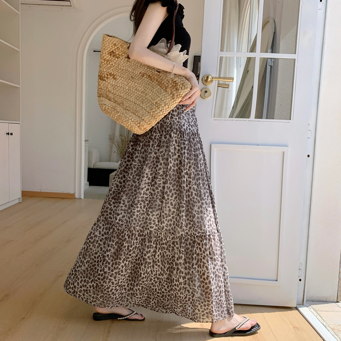 氣質豹紋松緊腰半身裙女2026夏季新款復古高腰顯瘦中長款裙子