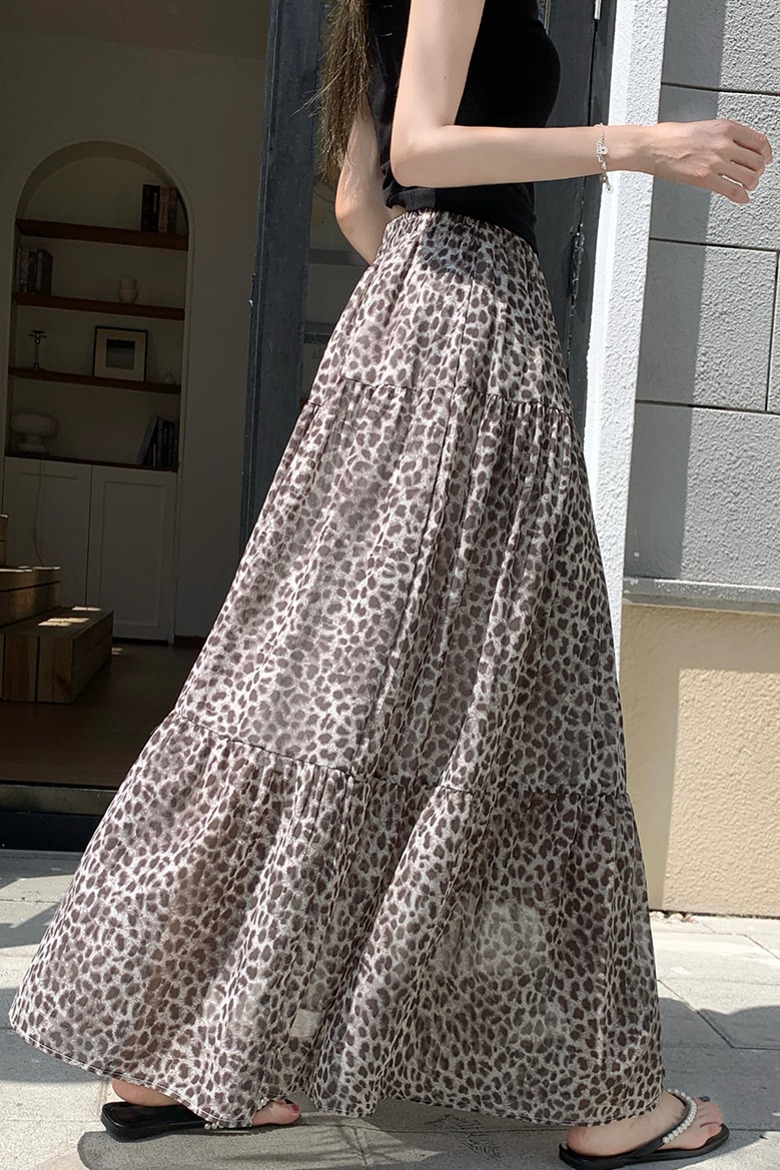 氣質豹紋松緊腰半身裙女2026夏季新款復古高腰顯瘦中長款裙子