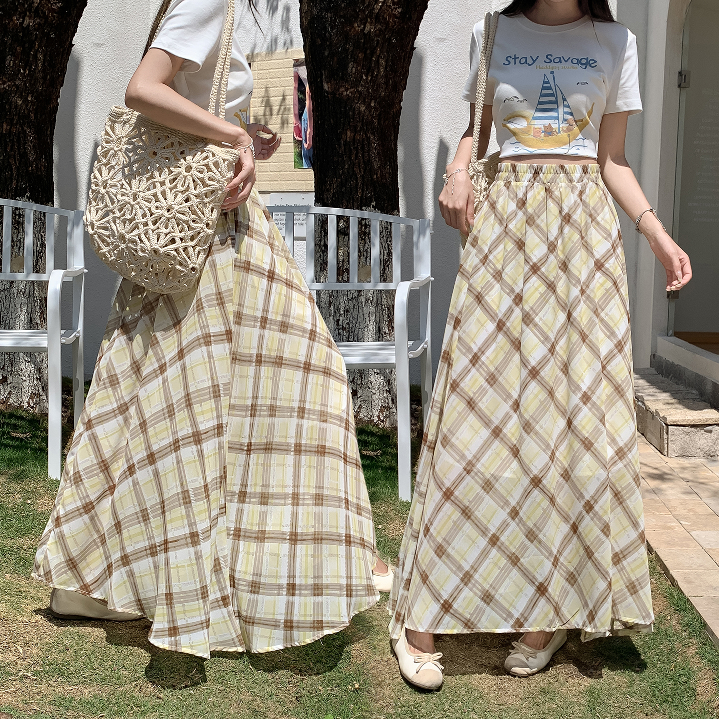 韓系溫柔風紫色格紋半身裙女2026夏季新款高腰垂感顯瘦A字大擺裙