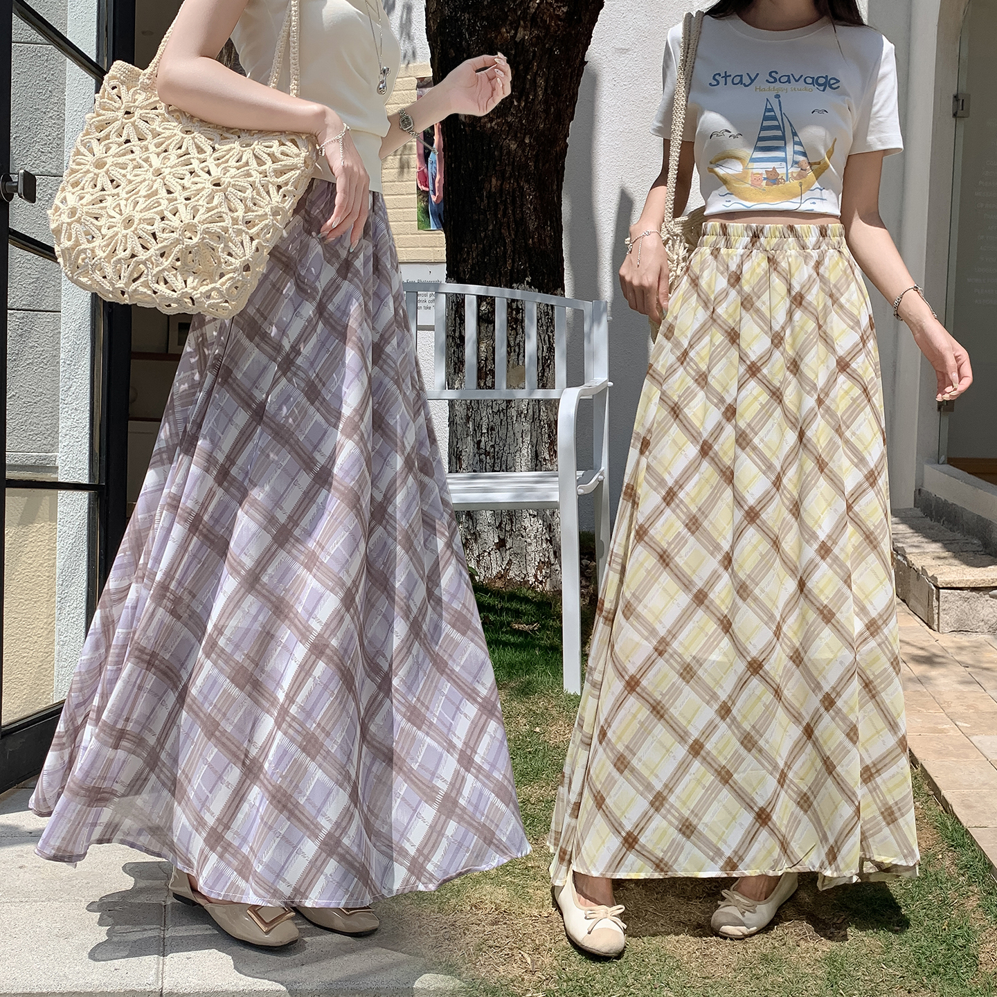 韓系溫柔風紫色格紋半身裙女2026夏季新款高腰垂感顯瘦A字大擺裙