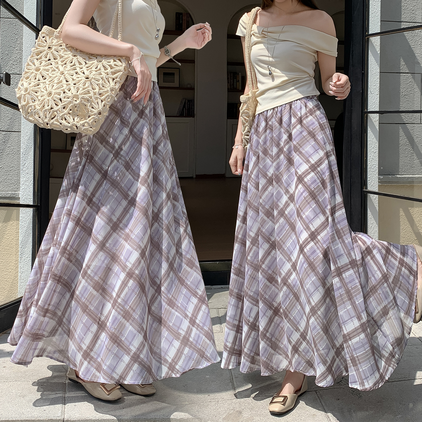 韓系溫柔風紫色格紋半身裙女2026夏季新款高腰垂感顯瘦A字大擺裙