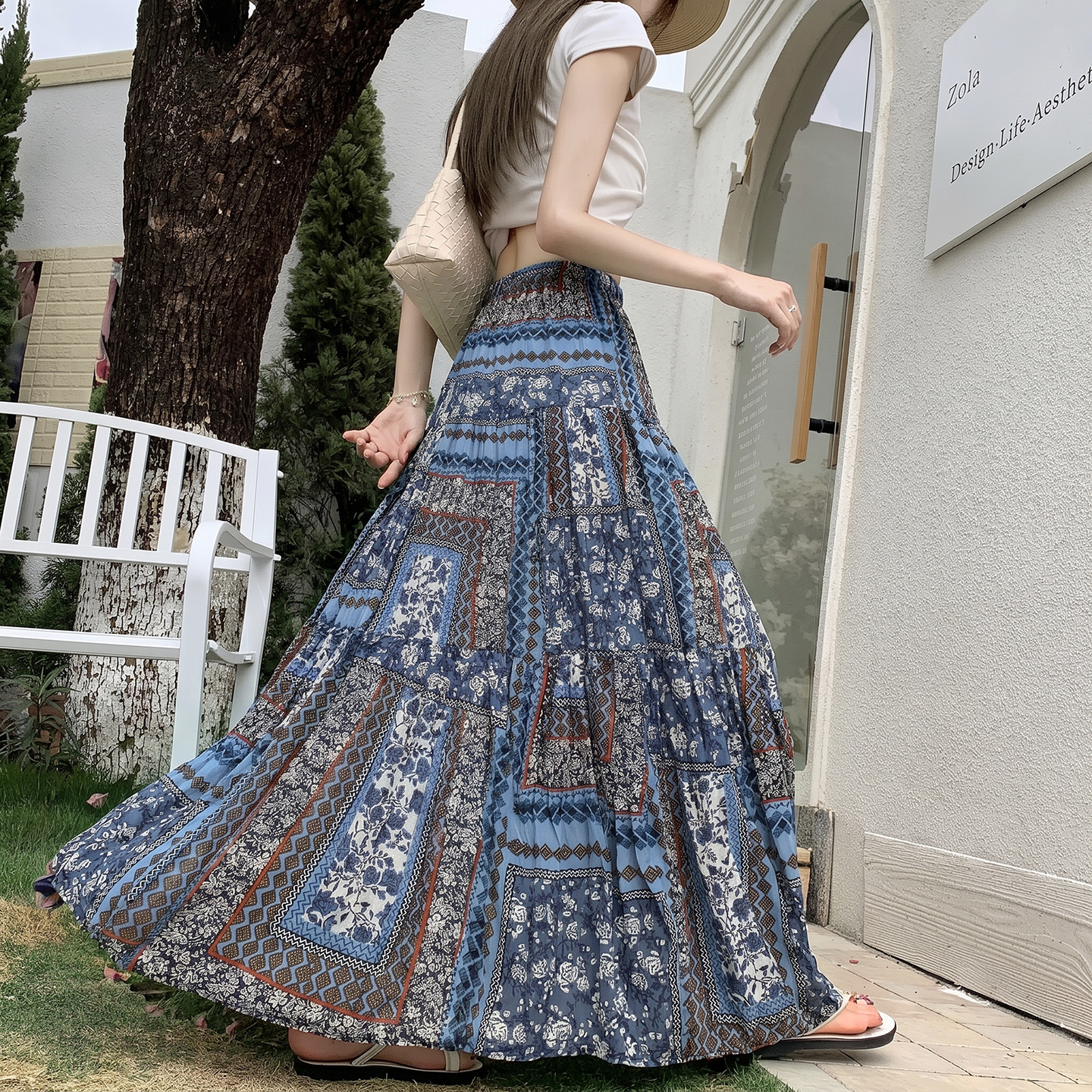 氣質藍色碎花半身裙女夏季2026新款韓系松緊高腰顯瘦A字裙長裙子
